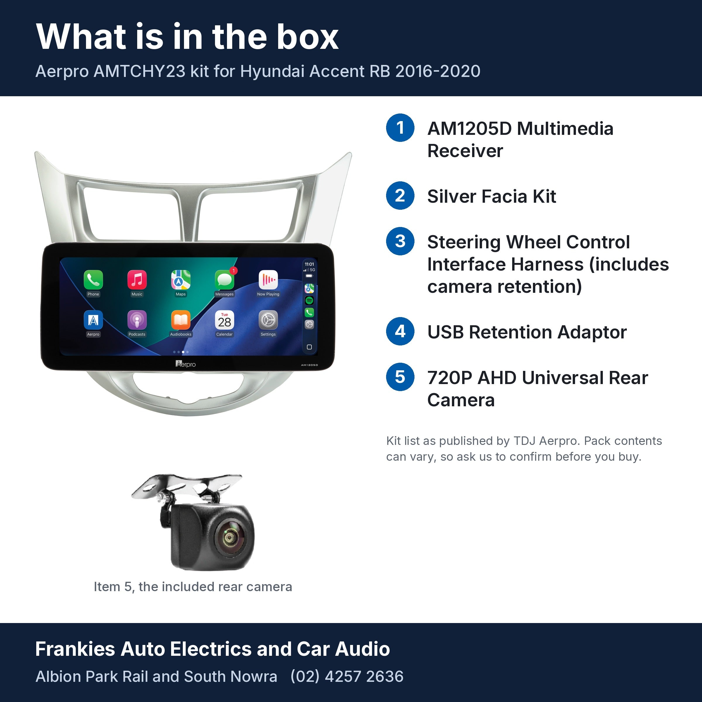 What is in the box for the Aerpro AMTCHY23 kit for Hyundai Accent RB 2016-2020: the AM1205D 12.3 inch head unit in its silver facia, the rear camera and a list of the 5 kit items