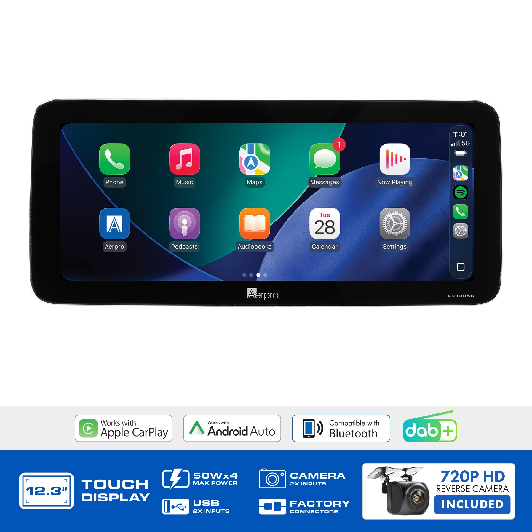 Aerpro AMTCHY7 feature graphic listing wireless CarPlay, Android Auto, DAB+ and the included camera