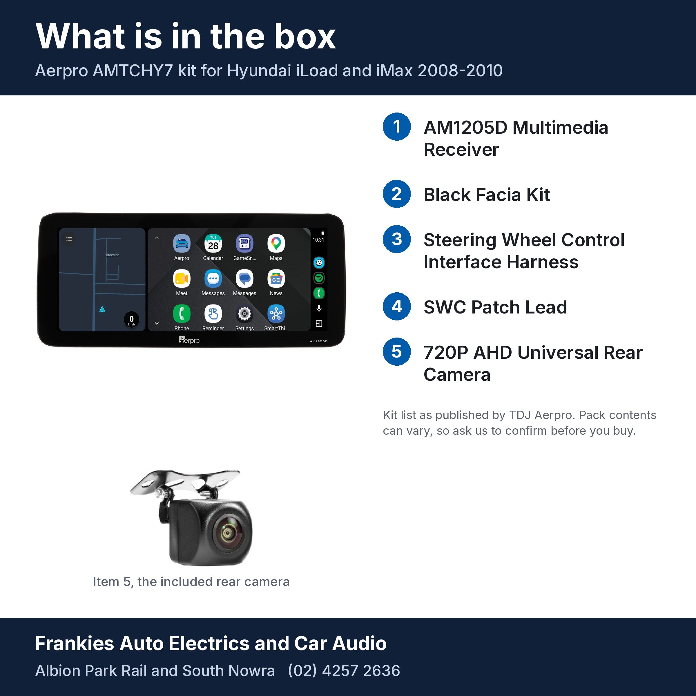 What is in the box for the Aerpro AMTCHY7 kit for Hyundai iLoad and iMax 2008-2010: the AM1205D 12.3 inch head unit in its black facia, the rear camera and a list of the 5 kit items