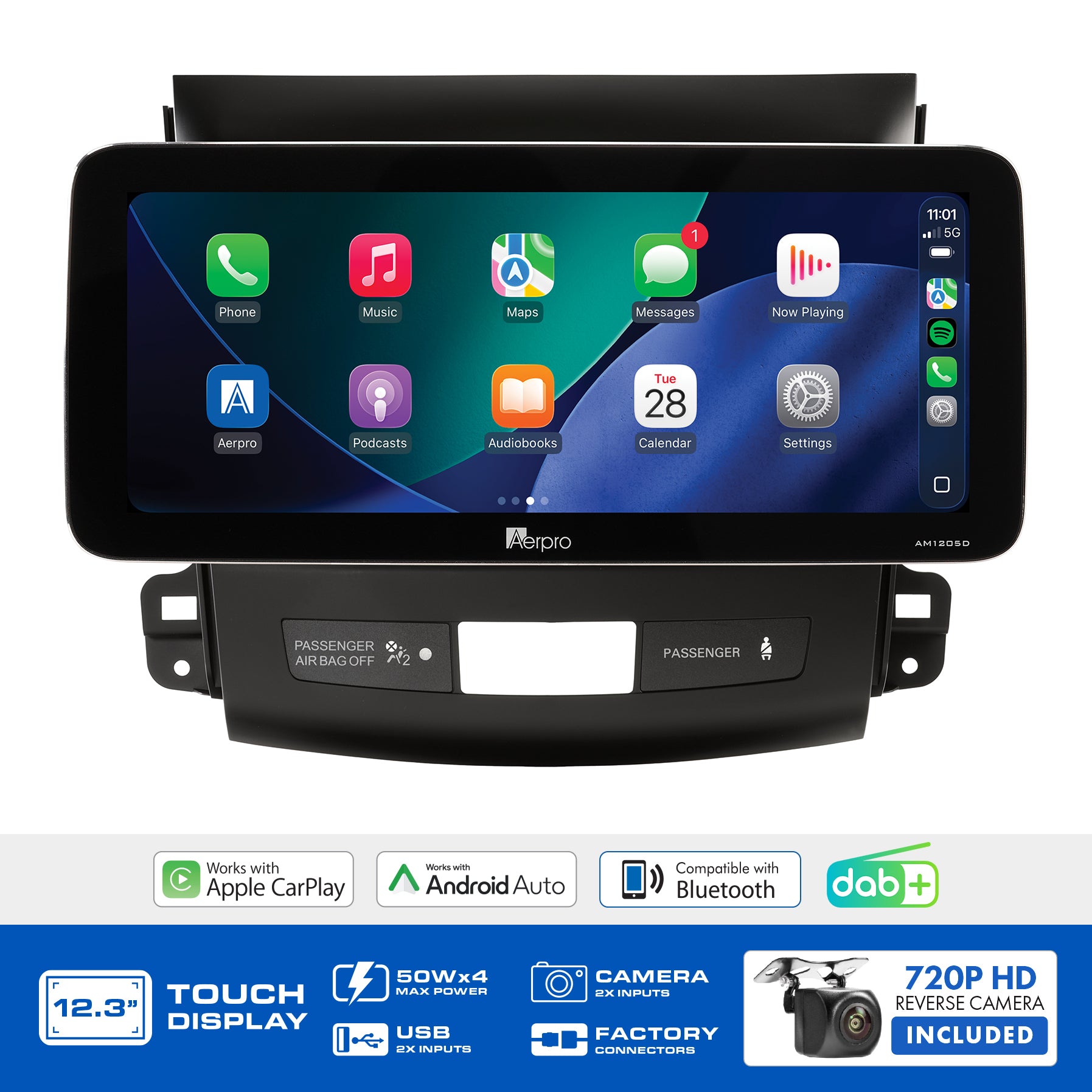 Aerpro AMTCMB11 feature graphic listing wireless CarPlay, Android Auto, DAB+ and the included camera