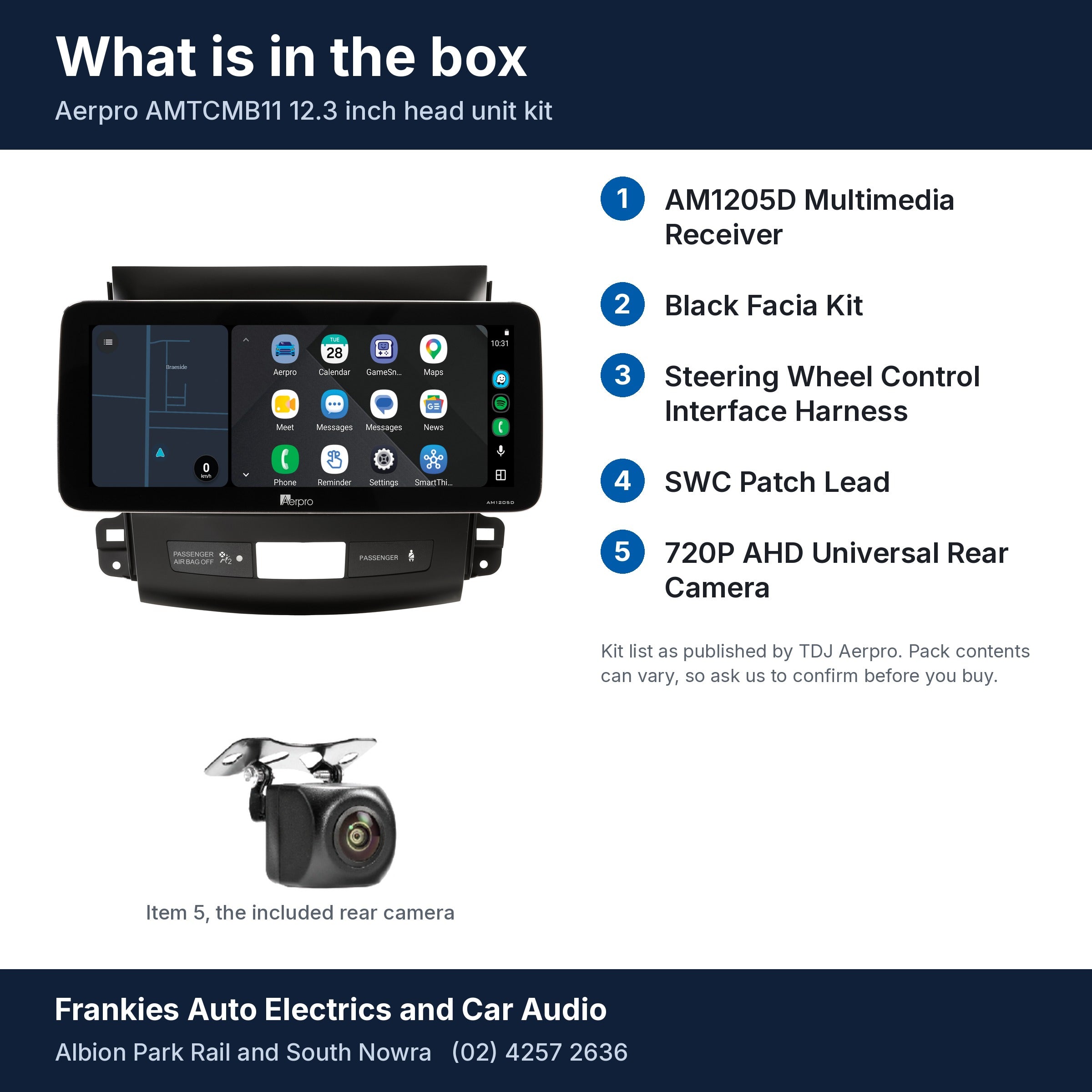 What is in the box for the Aerpro AMTCMB11 kit for Mitsubishi Outlander ZH 2010-2012 and Peugeot 4007 2010-2012: the AM1205D head unit in its facia, the rear camera and the 5 kit items