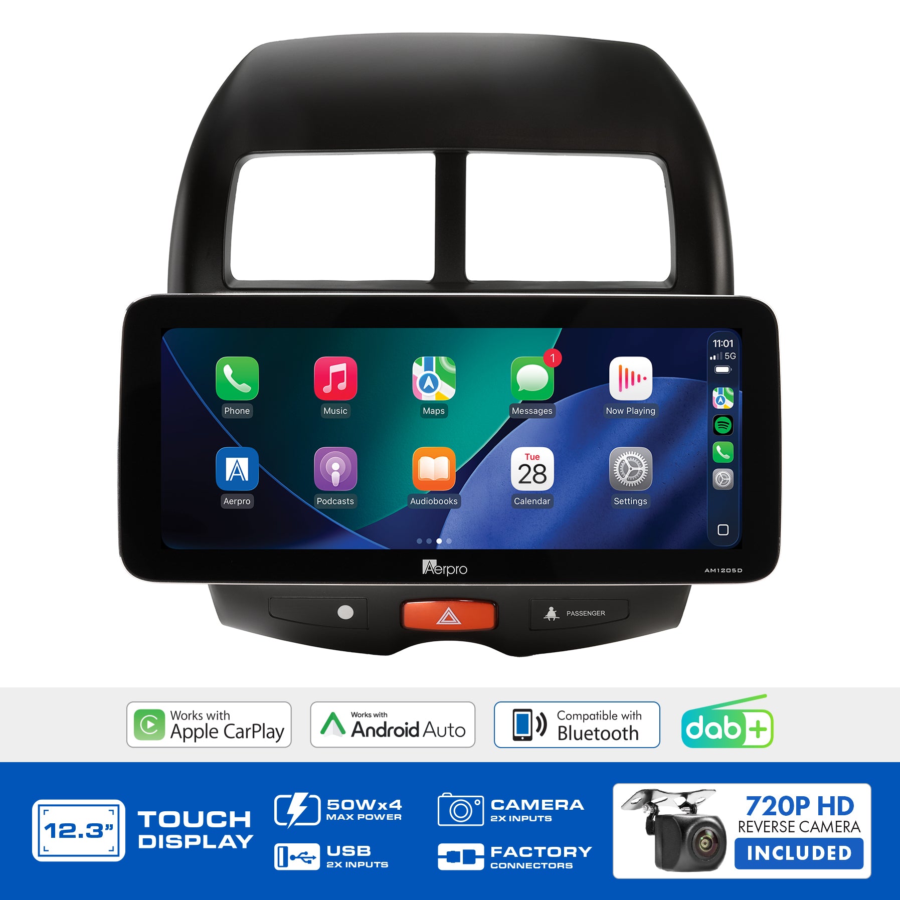 Aerpro AMTCMB14 feature graphic listing wireless CarPlay, Android Auto, DAB+ and the included camera