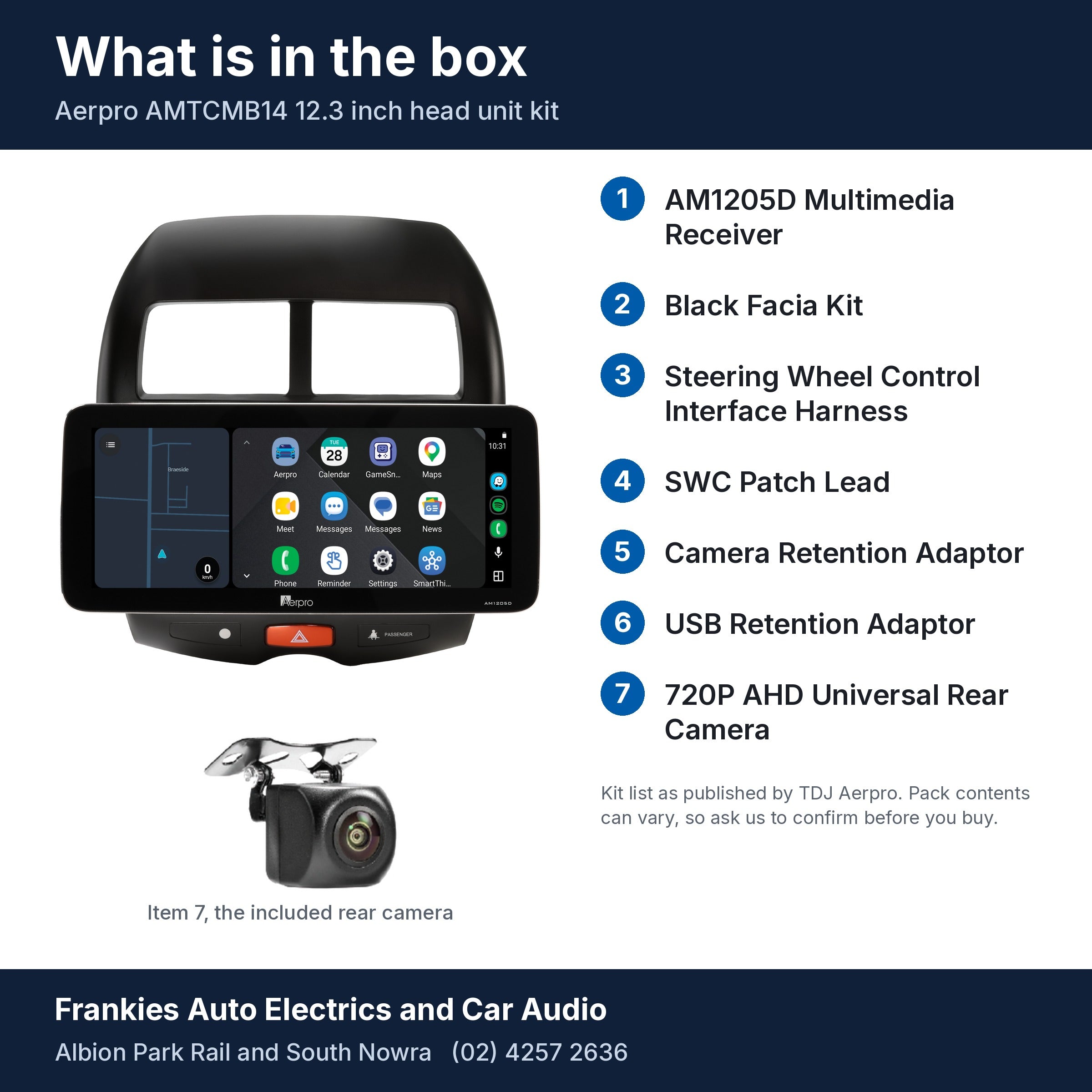 Aerpro AMTCMB14 box contents for Mitsubishi ASX XA, XB, XC 2010-2017, Citroen C4 Aircross Type B 2012 onwards and Peugeot 4008 2012-2013: head unit, facia, rear camera, 7 items