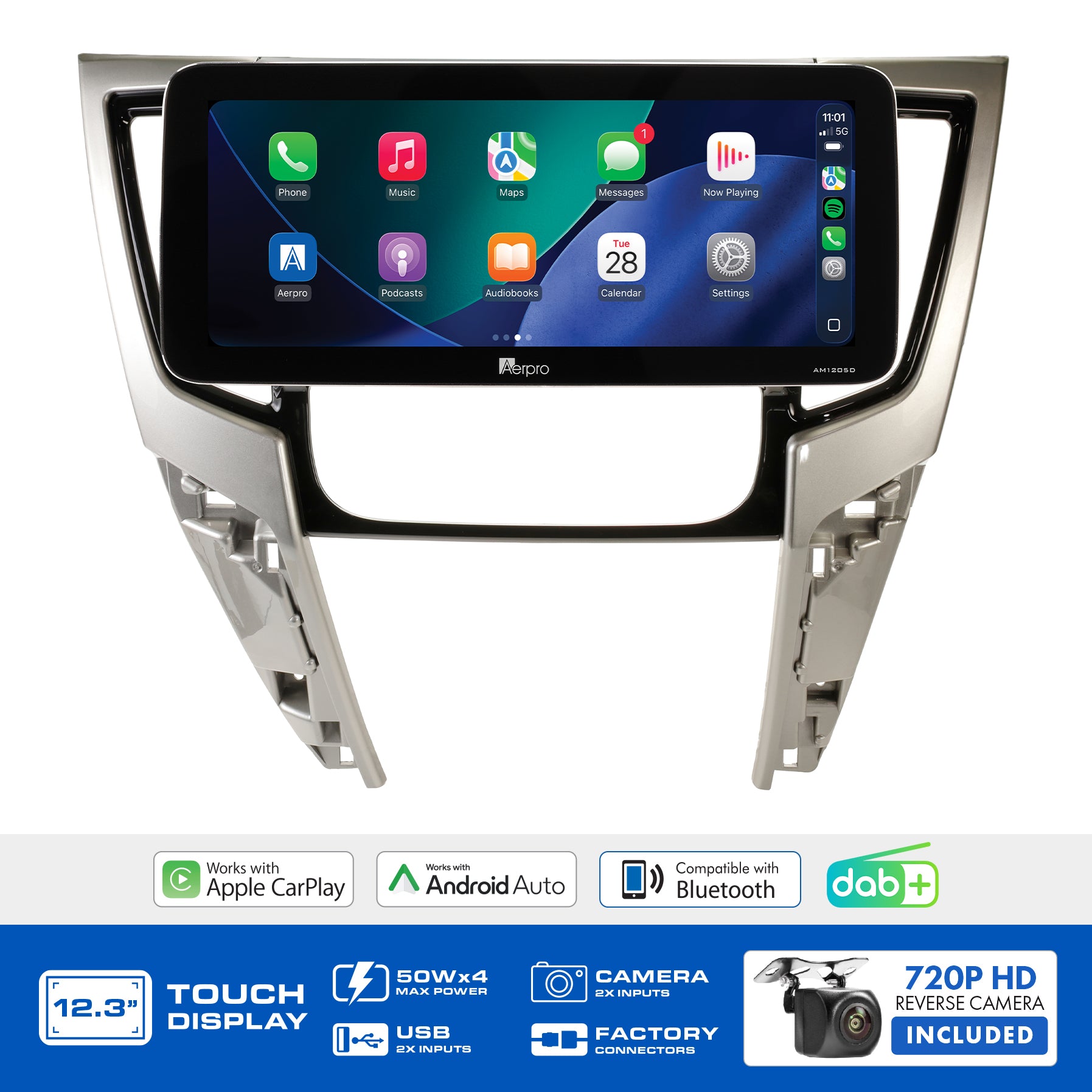 Aerpro AMTCMB27 feature graphic listing wireless CarPlay, Android Auto, DAB+ and the included camera