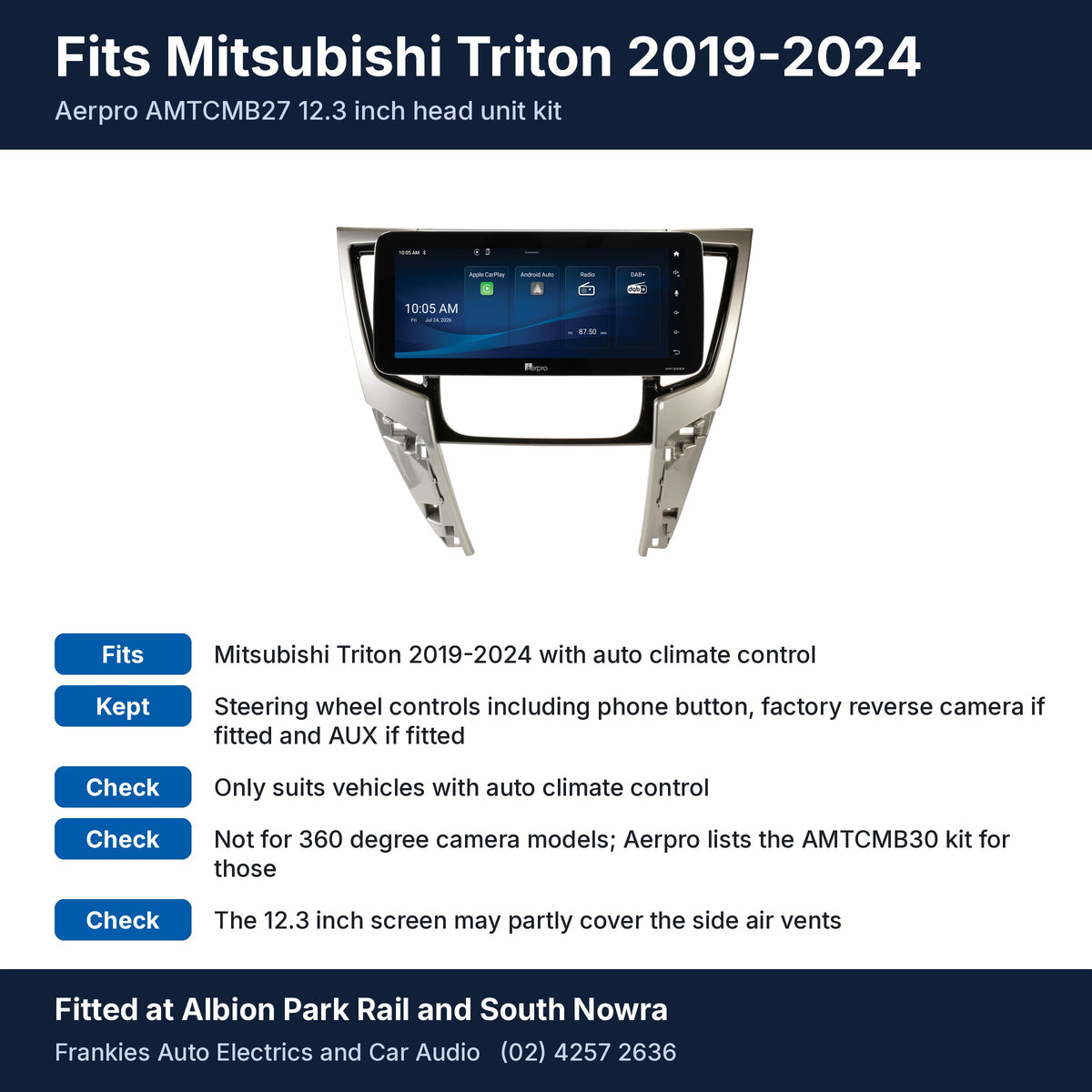 Aerpro AMTCMB27 12.3 inch head unit in its gloss black and silver facia for Mitsubishi Triton 2019-2024, with fit and feature notes, fitted at Albion Park Rail and South Nowra