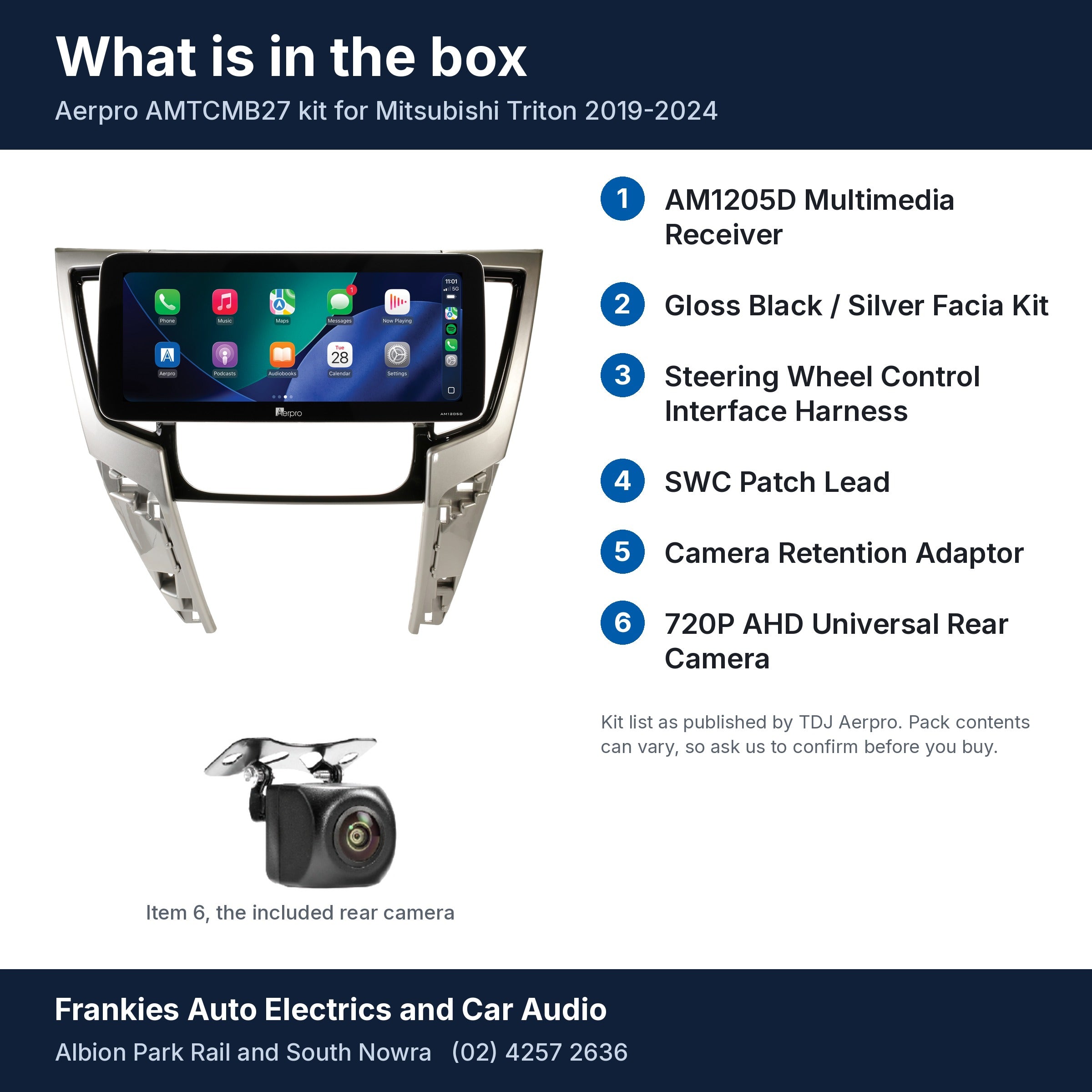 What is in the box for the Aerpro AMTCMB27 kit for Mitsubishi Triton 2019-2024: the AM1205D head unit in its facia, the rear camera and the 6 kit items