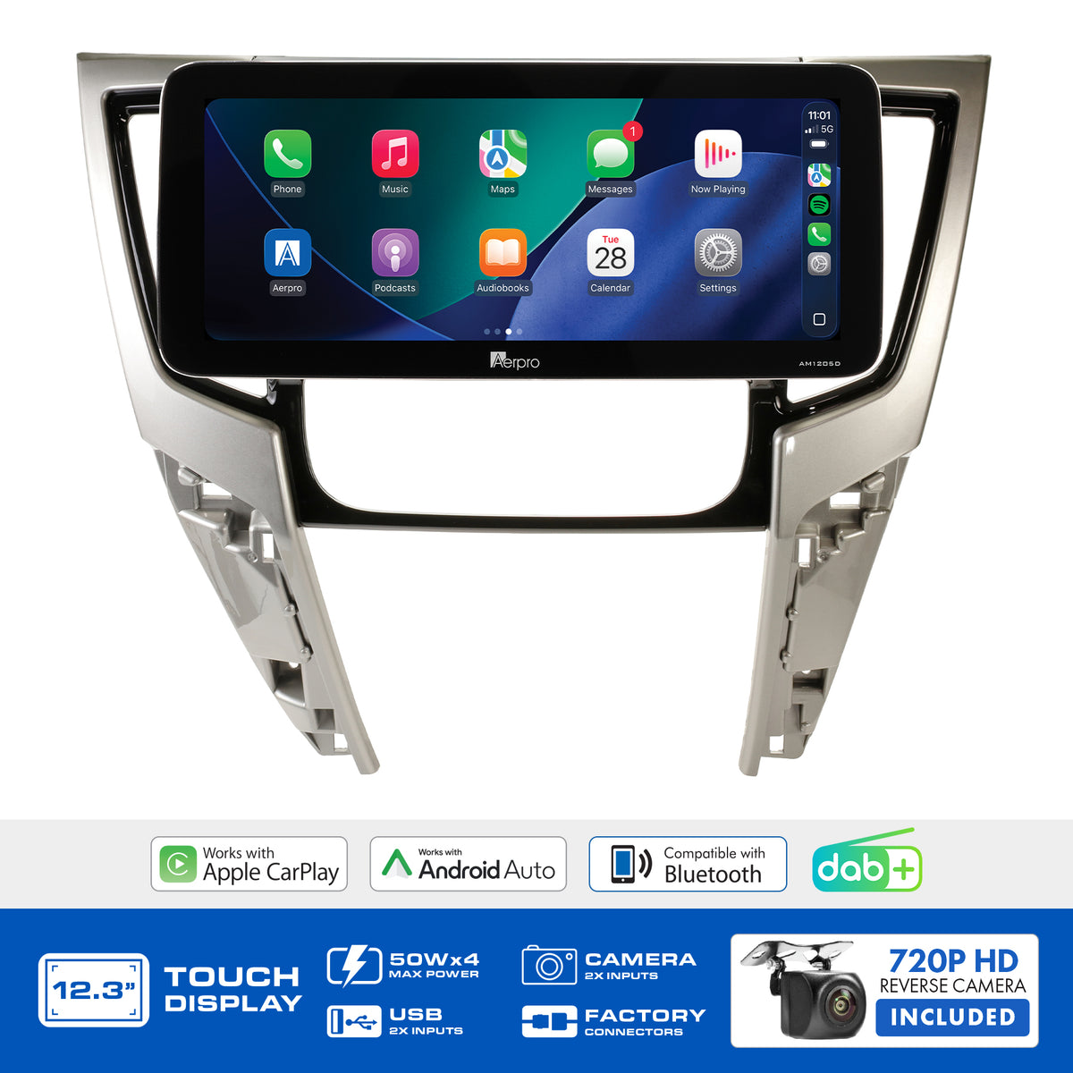 Aerpro AMTCMB30 feature graphic listing wireless CarPlay, Android Auto, DAB+ and the included camera