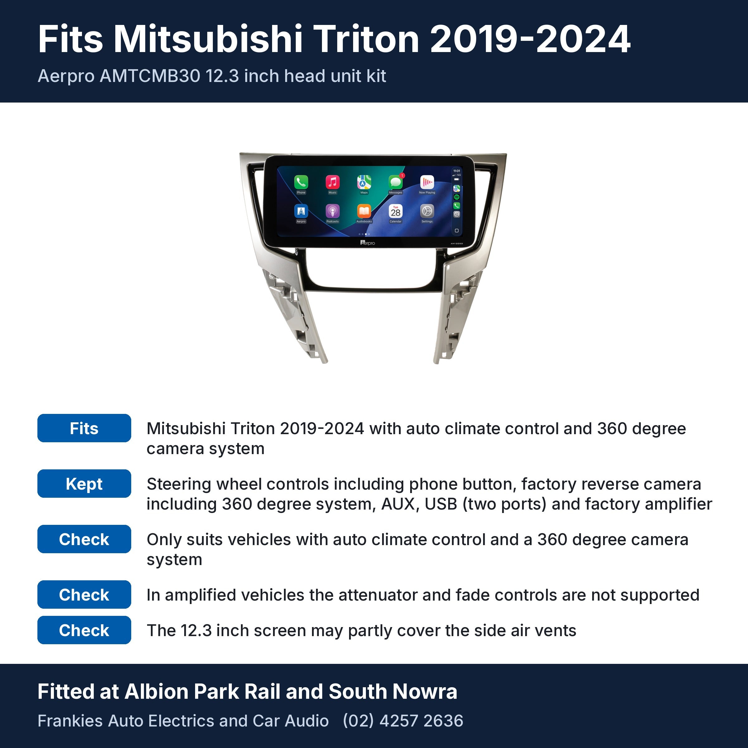 Aerpro AMTCMB30 12.3 inch head unit in its gloss black and silver facia for Mitsubishi Triton 2019-2024, with fit and feature notes, fitted at Albion Park Rail and South Nowra
