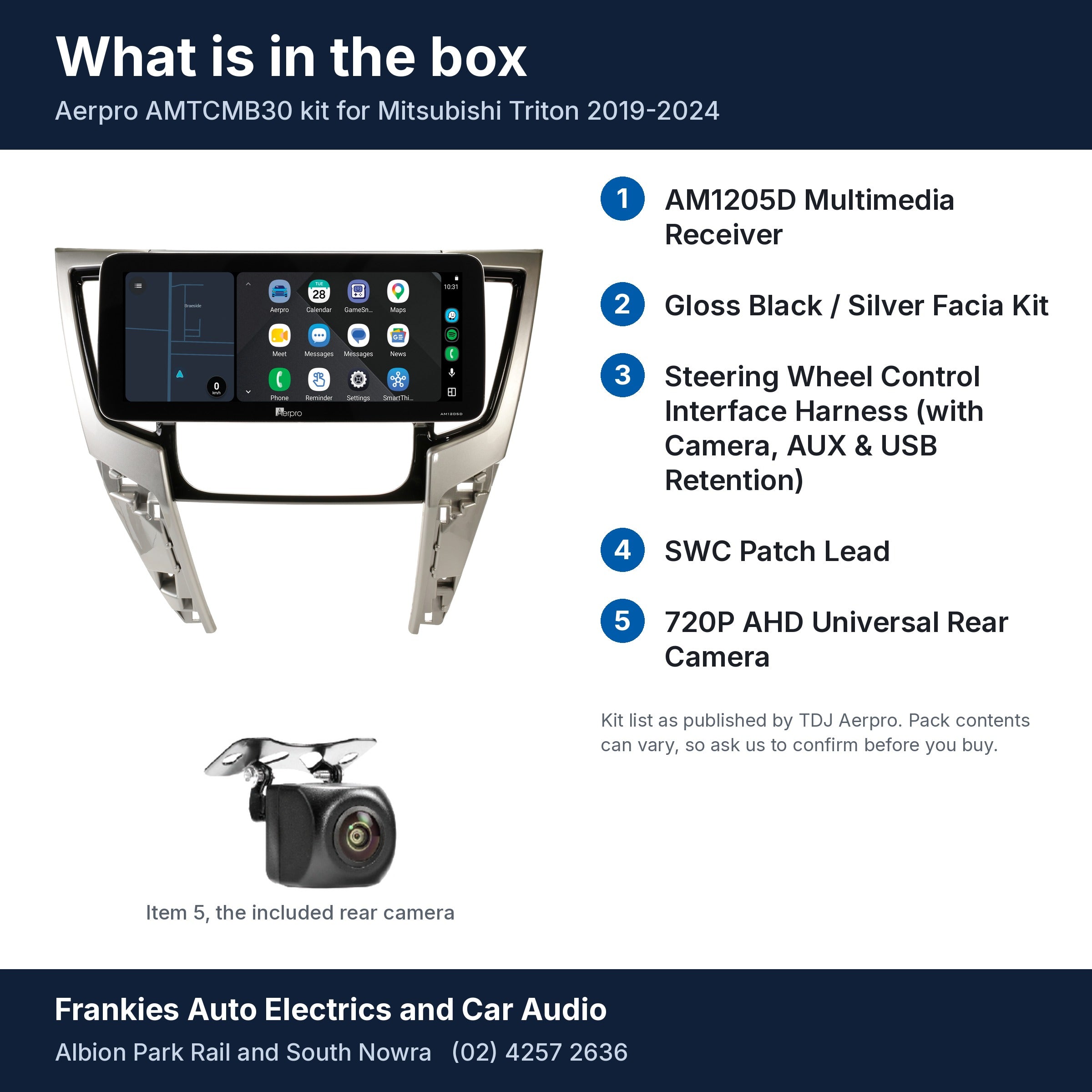 What is in the box for the Aerpro AMTCMB30 kit for Mitsubishi Triton 2019-2024: the AM1205D head unit in its facia, the rear camera and the 5 kit items