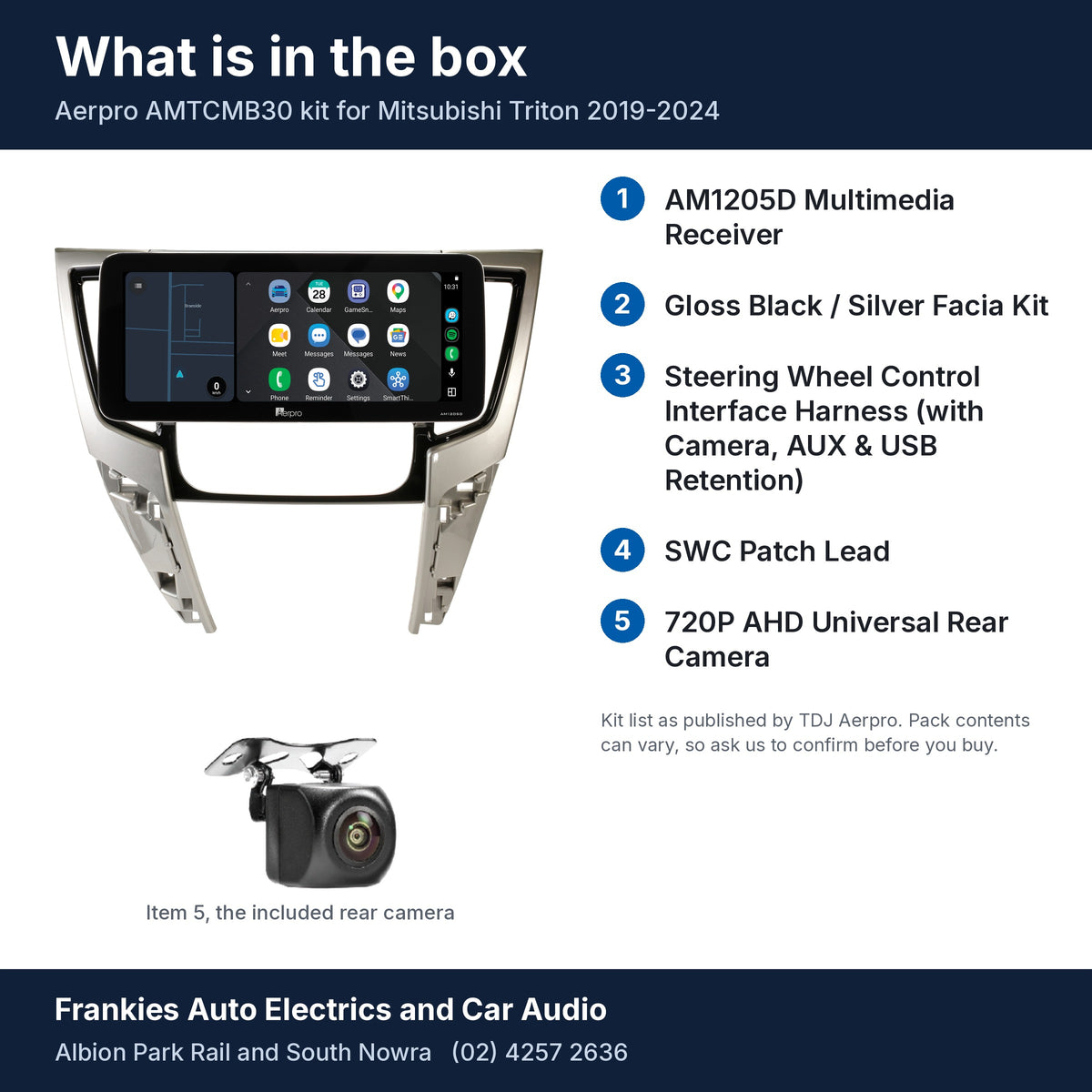 What is in the box for the Aerpro AMTCMB30 kit for Mitsubishi Triton 2019-2024: the AM1205D head unit in its facia, the rear camera and the 5 kit items