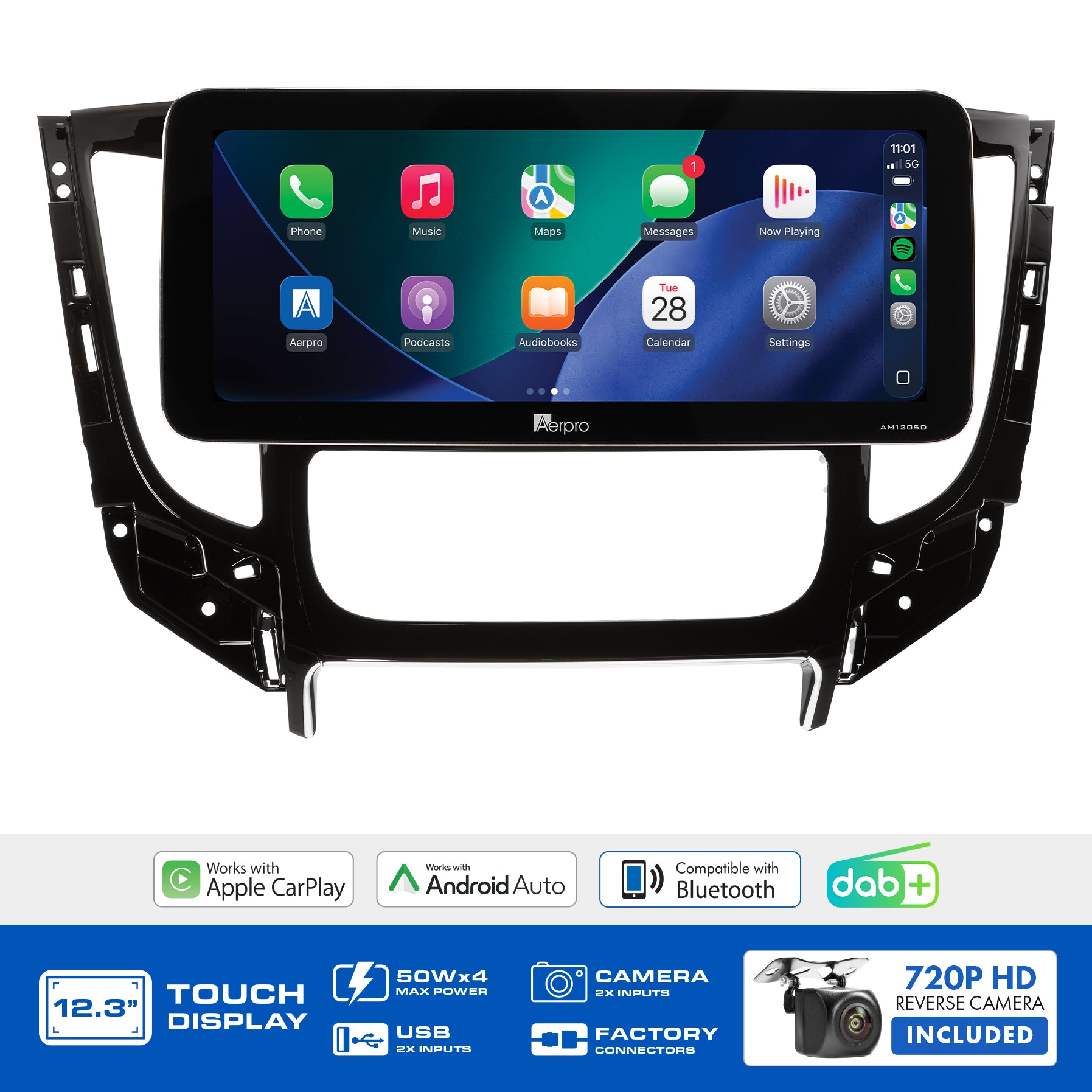 Aerpro AMTCMB8 feature graphic listing wireless CarPlay, Android Auto, DAB+ and the included camera