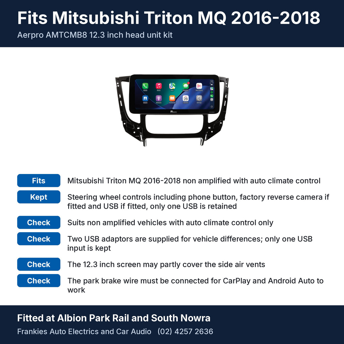 Aerpro AMTCMB8 12.3 inch head unit in its black facia for Mitsubishi Triton MQ 2016-2018, with fit and feature notes, fitted at Albion Park Rail and South Nowra