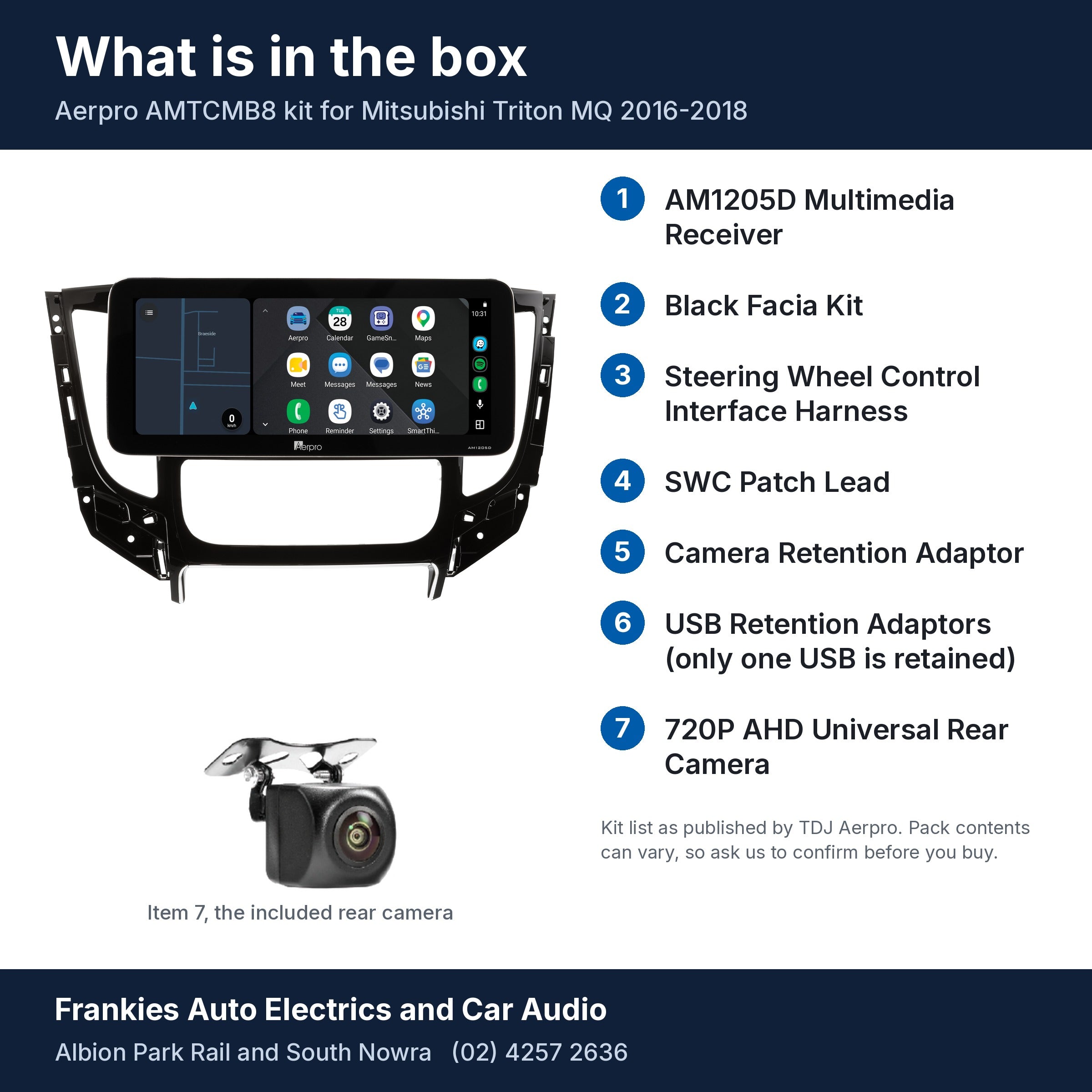 What is in the box for the Aerpro AMTCMB8 kit for Mitsubishi Triton MQ 2016-2018: the AM1205D 12.3 inch head unit in its black facia, the rear camera and a list of the 7 kit items