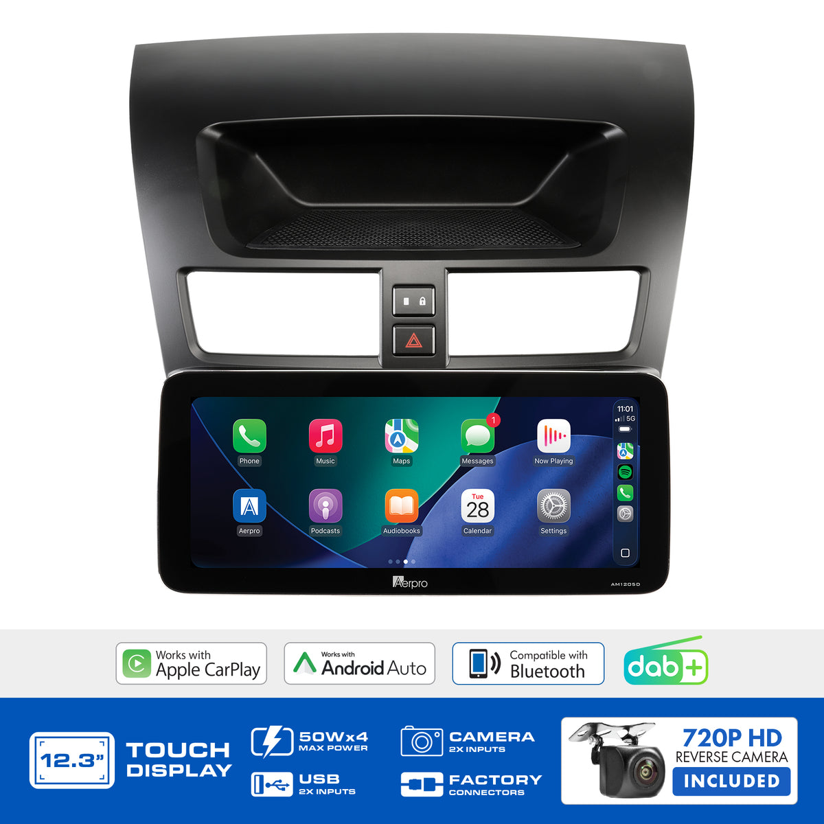 Aerpro AMTCMZ1 feature graphic listing wireless CarPlay, Android Auto, DAB+ and the included camera