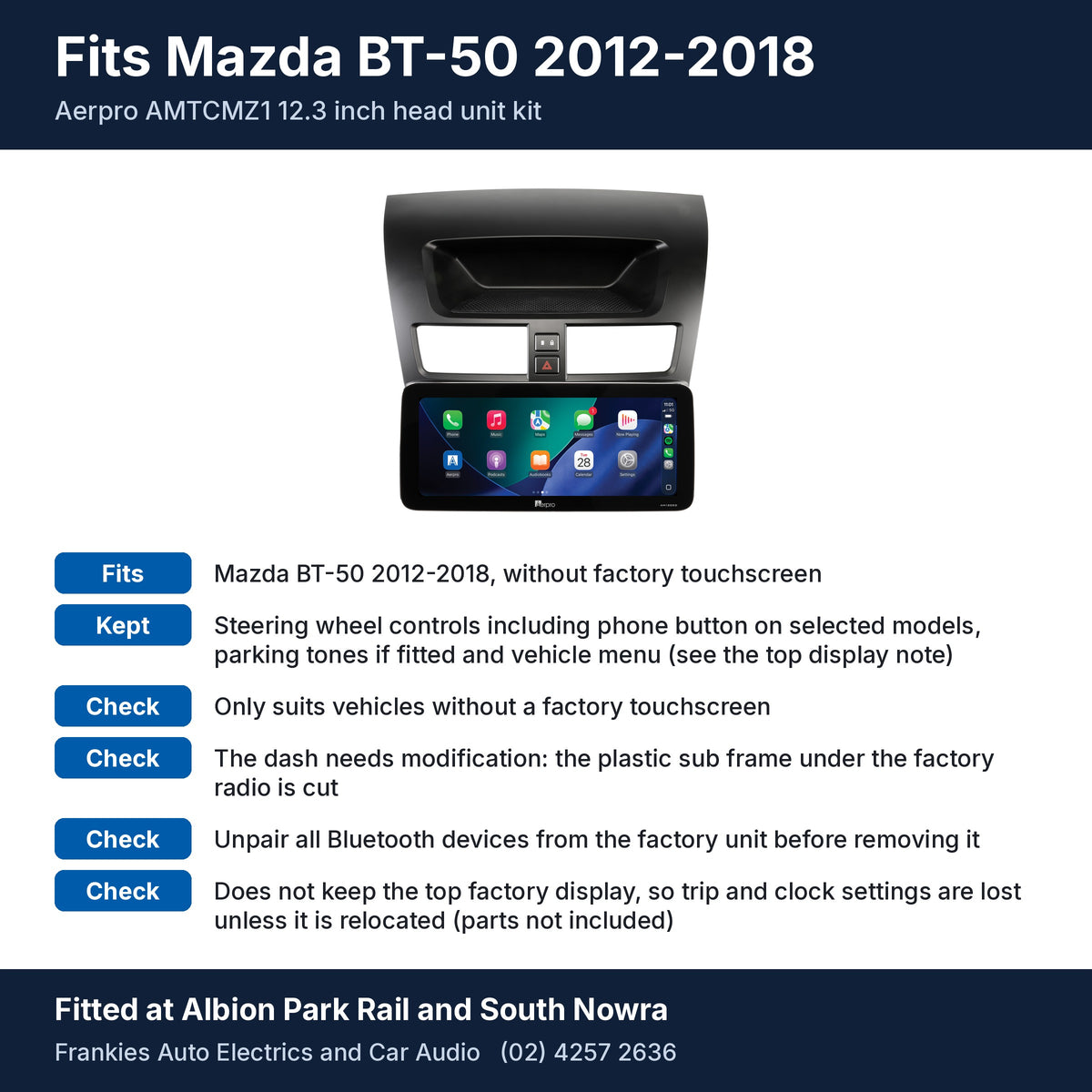 Aerpro AMTCMZ1 12.3 inch head unit in its black facia for Mazda BT-50 2012-2018, with fit and feature notes, fitted at Albion Park Rail and South Nowra