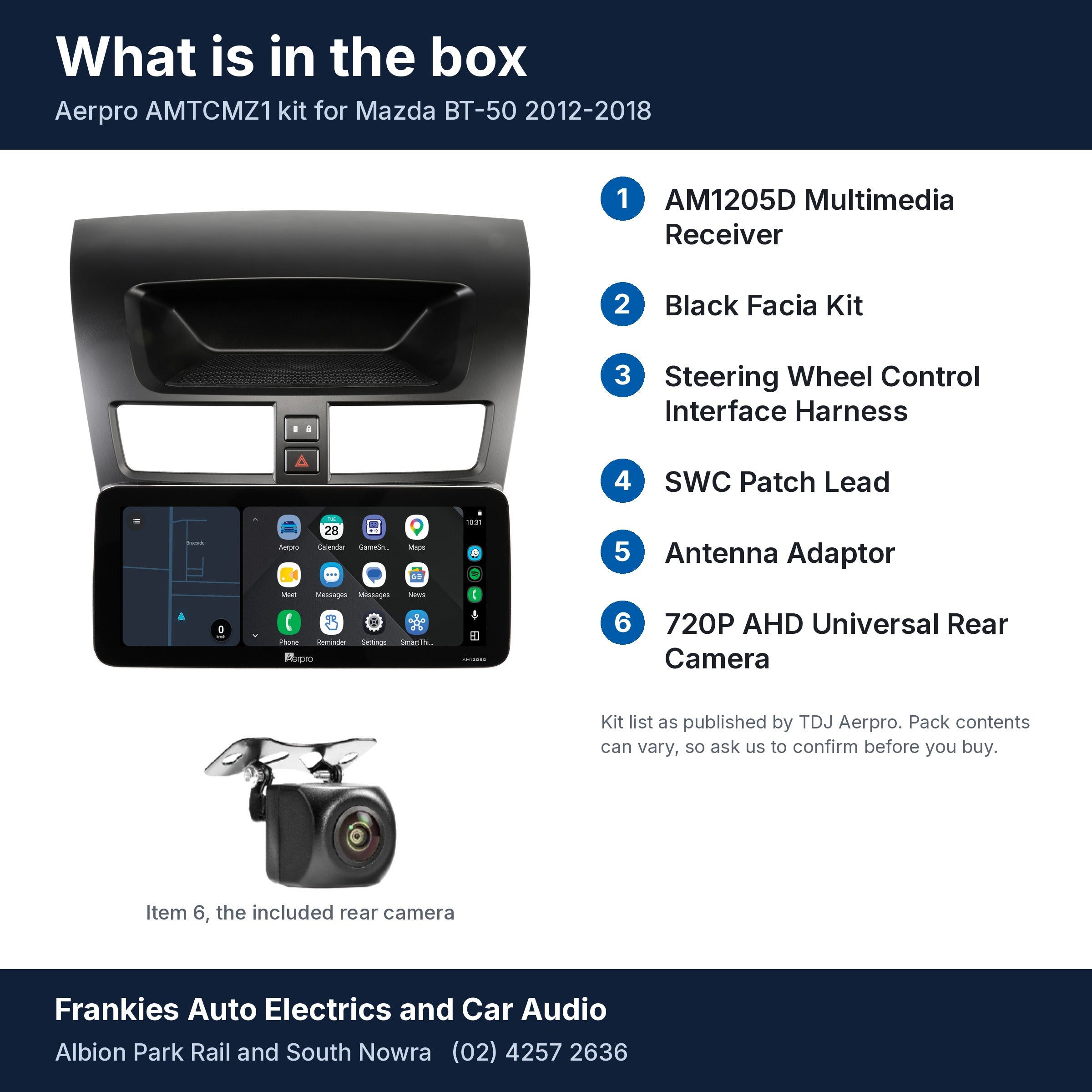 What is in the box for the Aerpro AMTCMZ1 kit for Mazda BT-50 2012-2018: the AM1205D 12.3 inch head unit in its black facia, the rear camera and a list of the 6 kit items