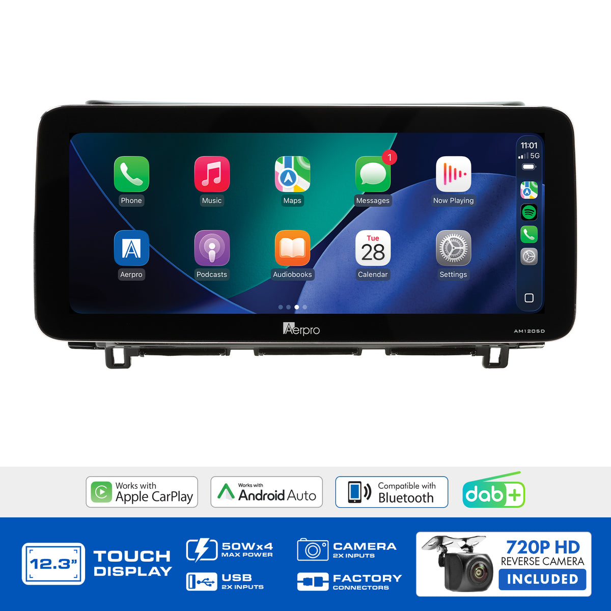 Aerpro AMTCNI12 feature graphic listing wireless CarPlay, Android Auto, DAB+ and the included camera