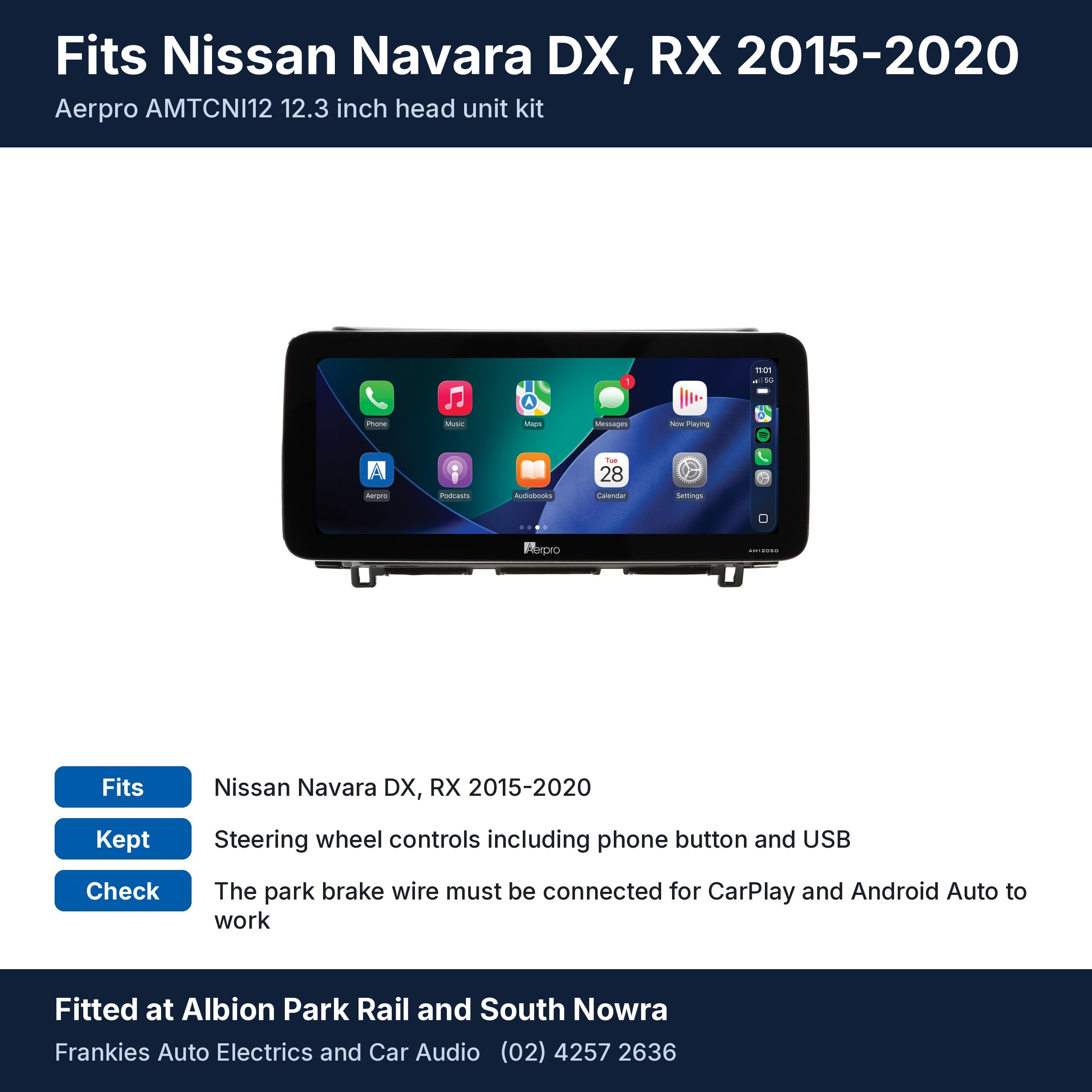 Aerpro AMTCNI12 12.3 inch head unit in its gloss black facia for Nissan Navara DX, RX 2015-2020, with fit and feature notes, fitted at Albion Park Rail and South Nowra