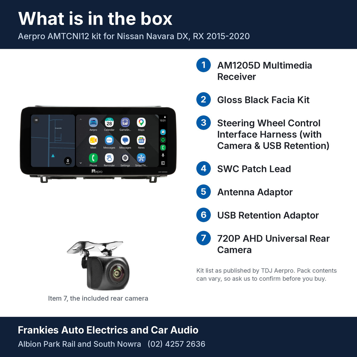 What is in the box for the Aerpro AMTCNI12 kit for Nissan Navara DX, RX 2015-2020: the AM1205D 12.3 inch head unit in its gloss black facia, the rear camera and a list of the 7 kit items