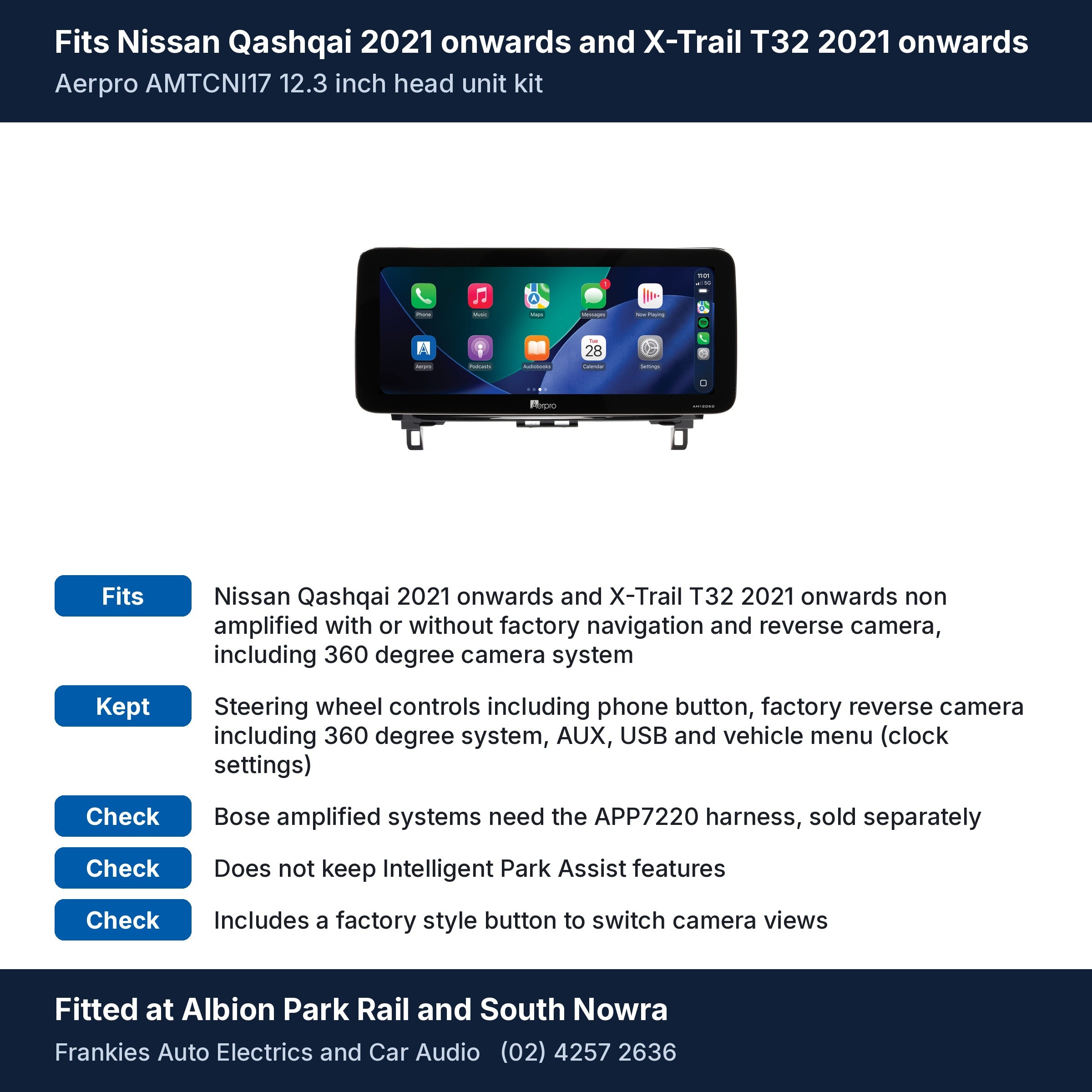 Aerpro AMTCNI17 12.3 inch head unit in its facia for Nissan Qashqai 2021 onwards and X-Trail T32 2021 onwards, with fit notes, fitted at Albion Park Rail and South Nowra