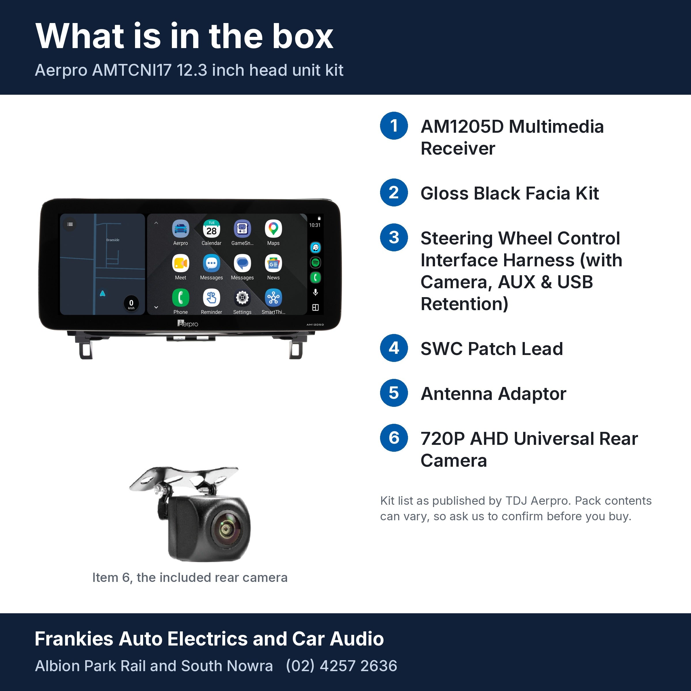 What is in the box for the Aerpro AMTCNI17 kit for Nissan Qashqai 2021 onwards and X-Trail T32 2021 onwards: the AM1205D head unit in its facia, the rear camera and the 6 kit items