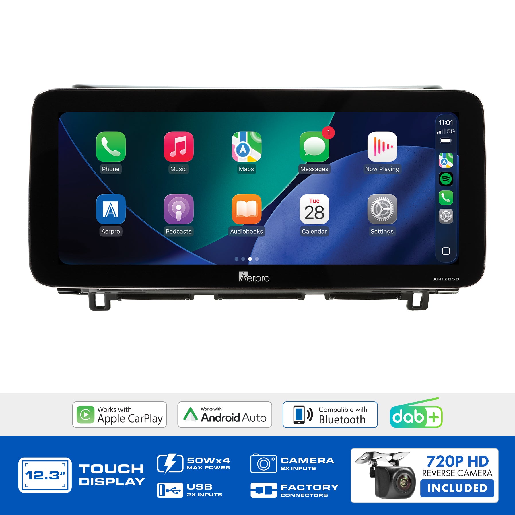 Aerpro AMTCNI27 feature graphic listing wireless CarPlay, Android Auto, DAB+ and the included camera