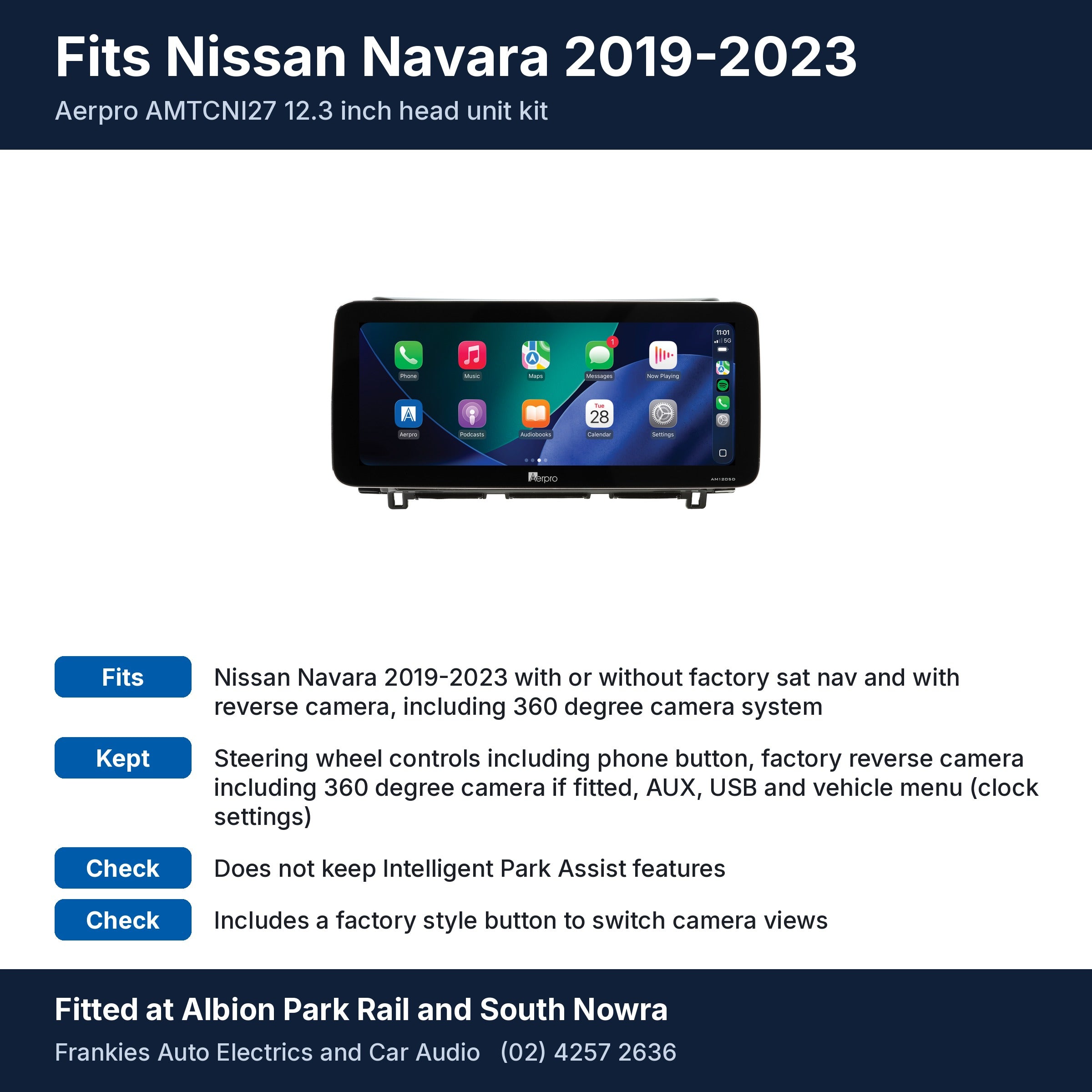 Aerpro AMTCNI27 12.3 inch head unit in its gloss black facia for Nissan Navara 2019-2023, with fit and feature notes, fitted at Albion Park Rail and South Nowra
