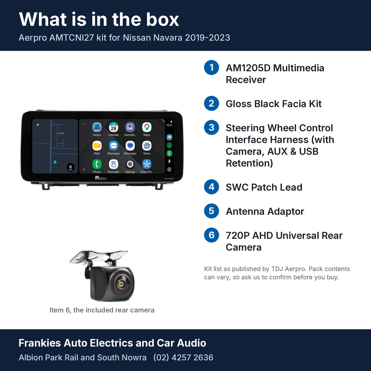 What is in the box for the Aerpro AMTCNI27 kit for Nissan Navara 2019-2023: the AM1205D 12.3 inch head unit in its gloss black facia, the rear camera and a list of the 6 kit items