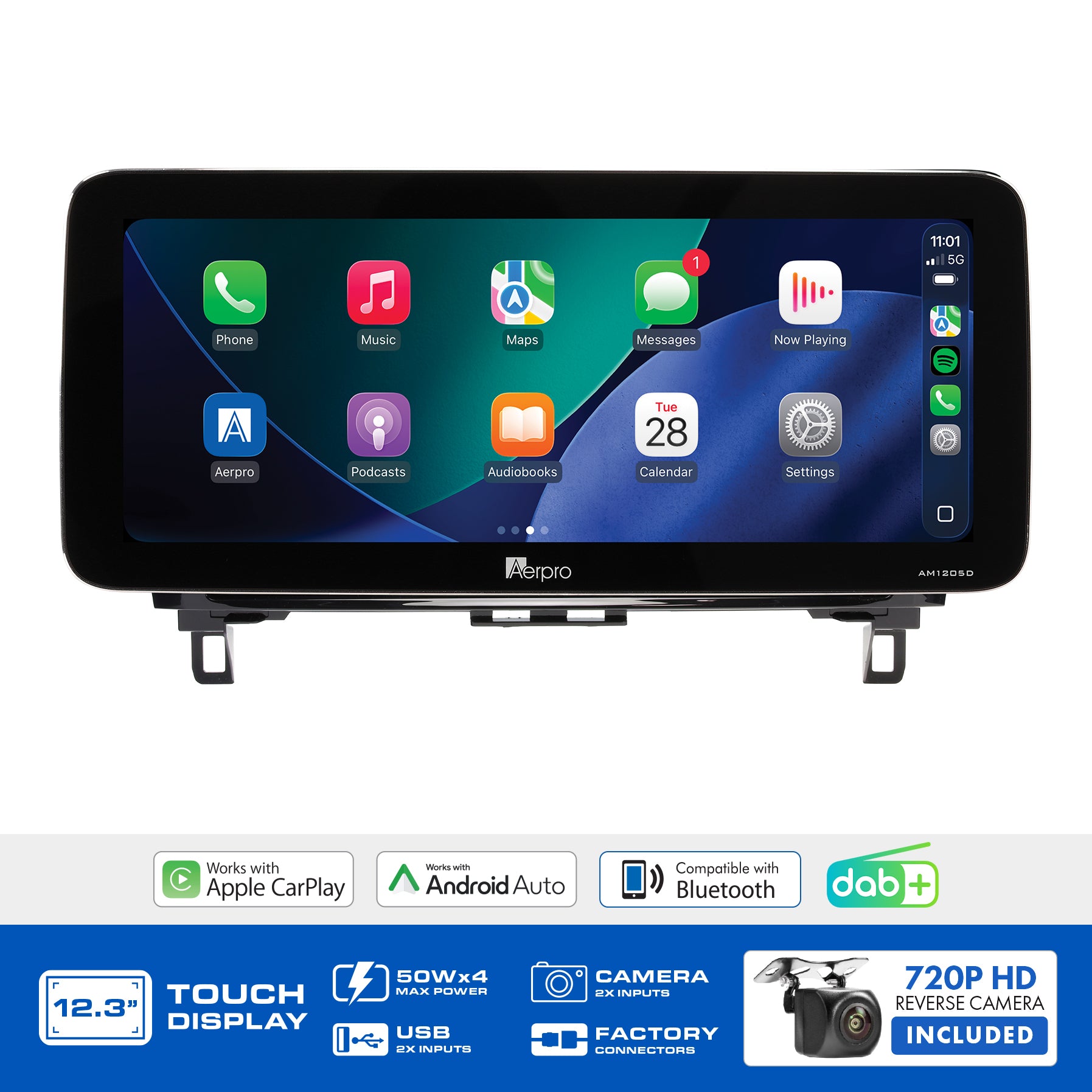 Aerpro AMTCNI5 feature graphic listing wireless CarPlay, Android Auto, DAB+ and the included camera