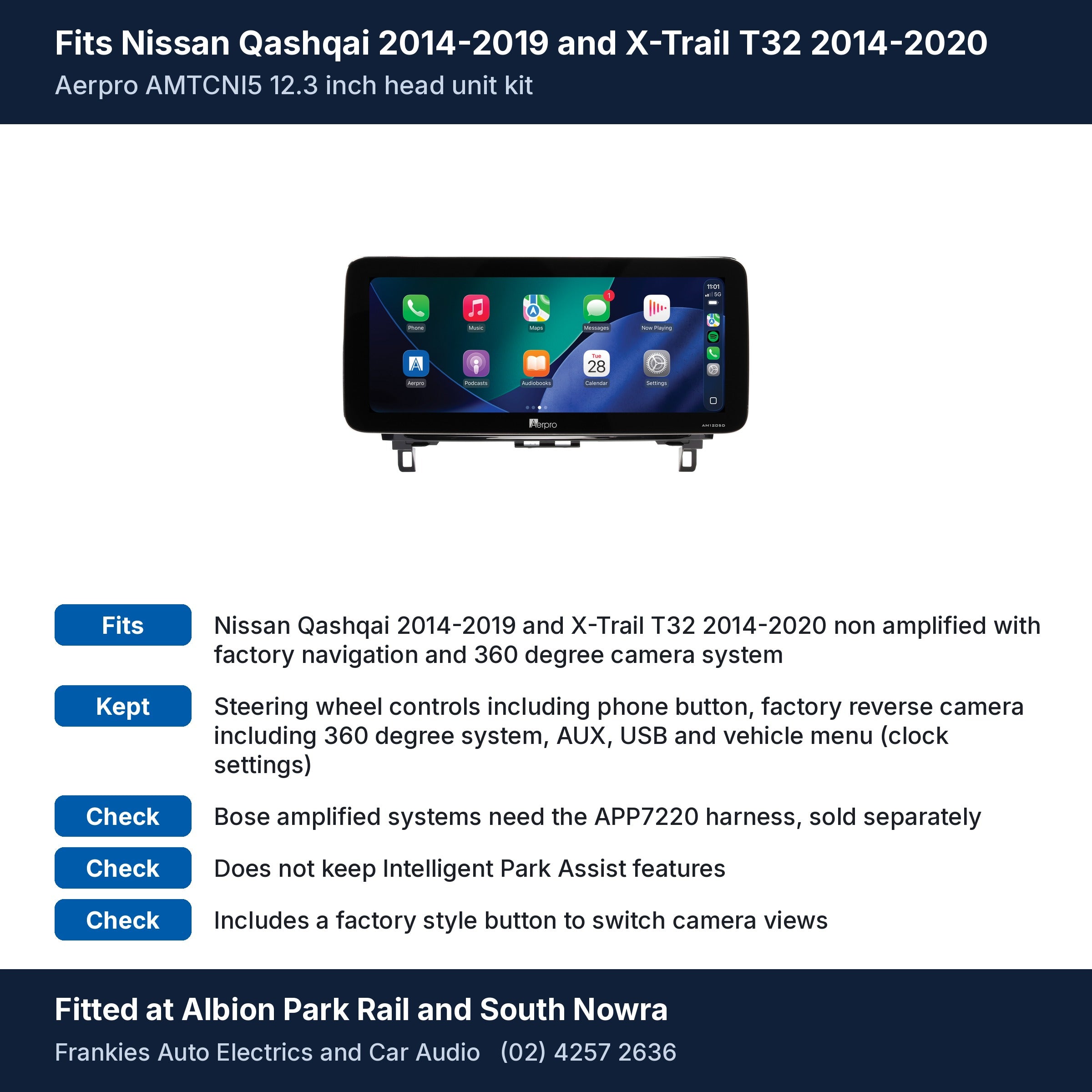 Aerpro AMTCNI5 12.3 inch head unit in its gloss black facia for Nissan Qashqai 2014-2019 and X-Trail T32 2014-2020, with fit and feature notes, fitted at Albion Park Rail and South Nowra
