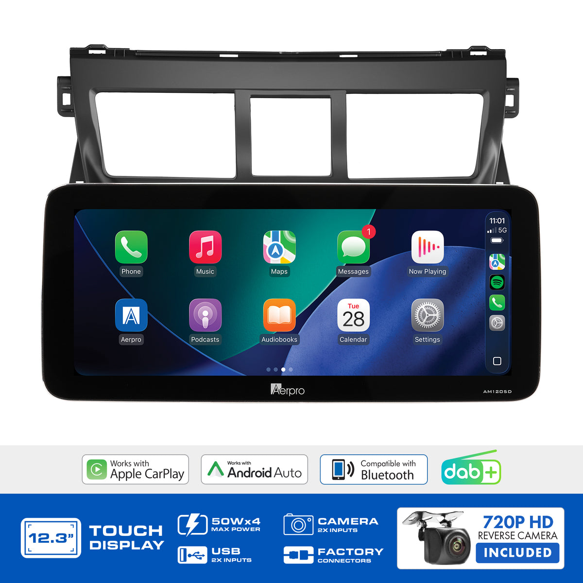 Aerpro AMTCTO15 feature graphic listing wireless CarPlay, Android Auto, DAB+ and the included camera