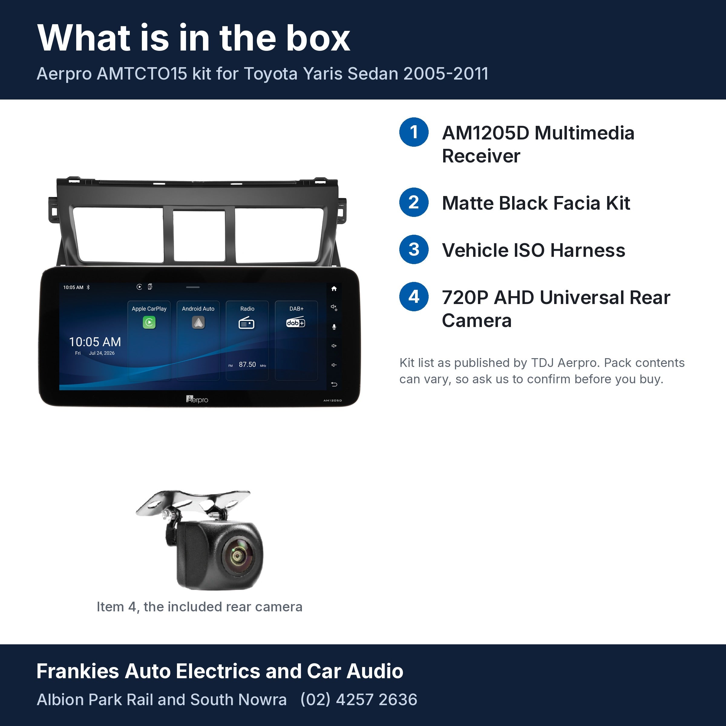 What is in the box for the Aerpro AMTCTO15 kit for Toyota Yaris Sedan 2005-2011: the AM1205D 12.3 inch head unit in its matte black facia, the rear camera and a list of the 4 kit items