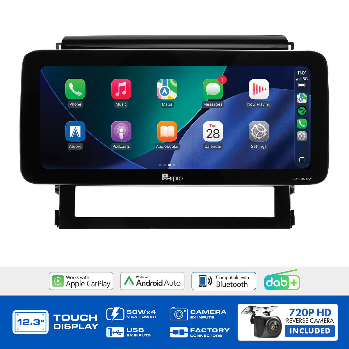 Aerpro AMTCTO26 feature graphic listing wireless CarPlay, Android Auto, DAB+ and the included camera