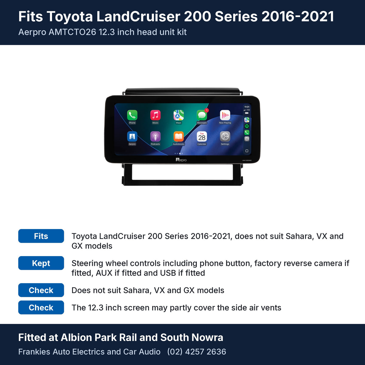 Aerpro AMTCTO26 12.3 inch head unit in its gloss black facia for Toyota LandCruiser 200 Series 2016-2021, with fit and feature notes, fitted at Albion Park Rail and South Nowra