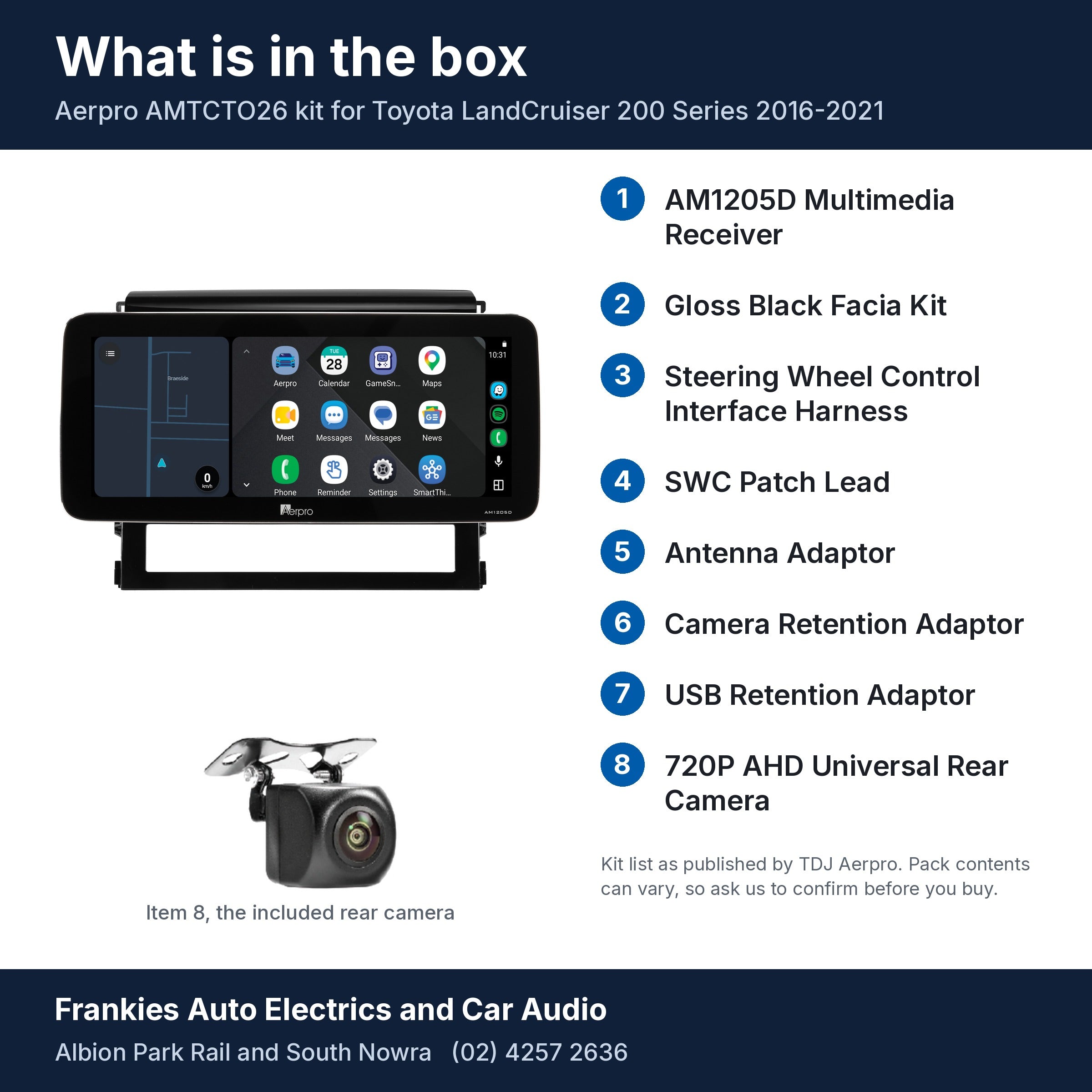 What is in the box for the Aerpro AMTCTO26 kit for Toyota LandCruiser 200 Series 2016-2021: the AM1205D head unit in its facia, the rear camera and the 8 kit items