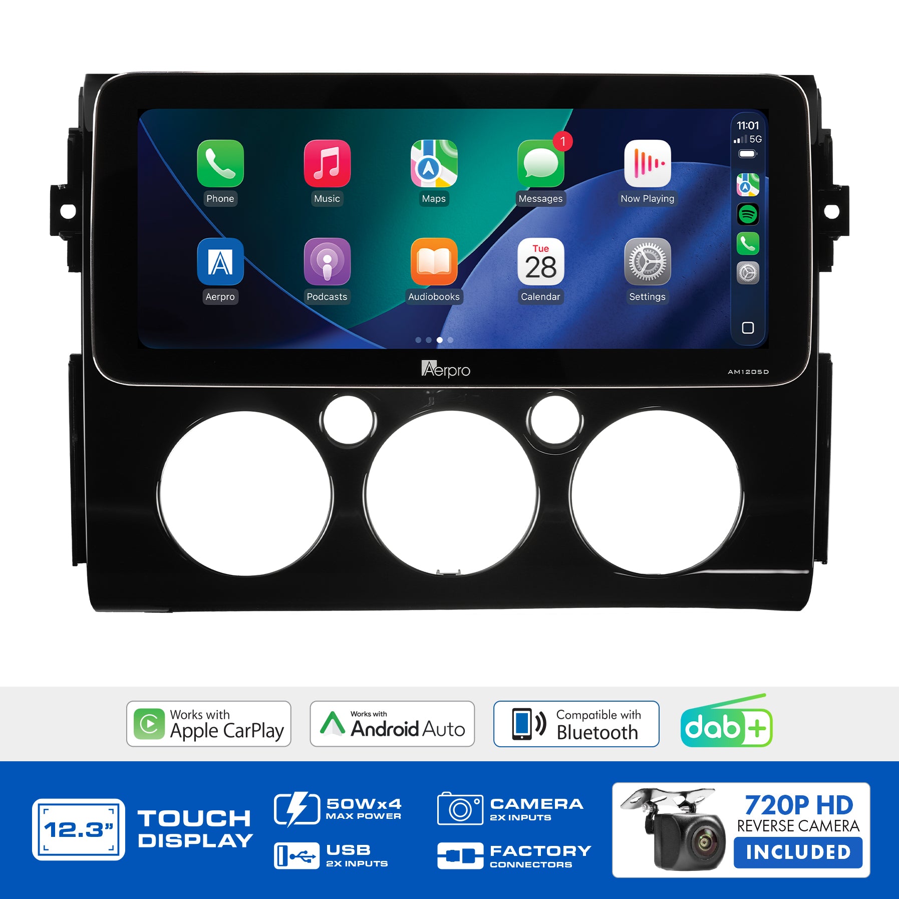 Aerpro AMTCTO32 feature graphic listing wireless CarPlay, Android Auto, DAB+ and the included camera