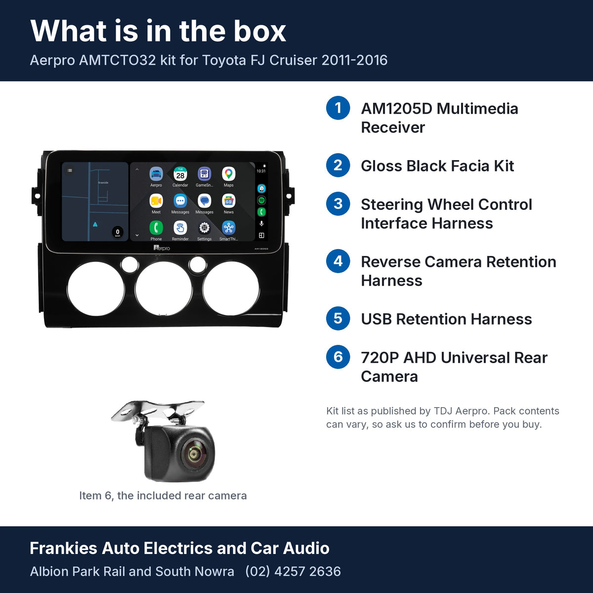 What is in the box for the Aerpro AMTCTO32 kit for Toyota FJ Cruiser 2011-2016: the AM1205D 12.3 inch head unit in its gloss black facia, the rear camera and a list of the 6 kit items