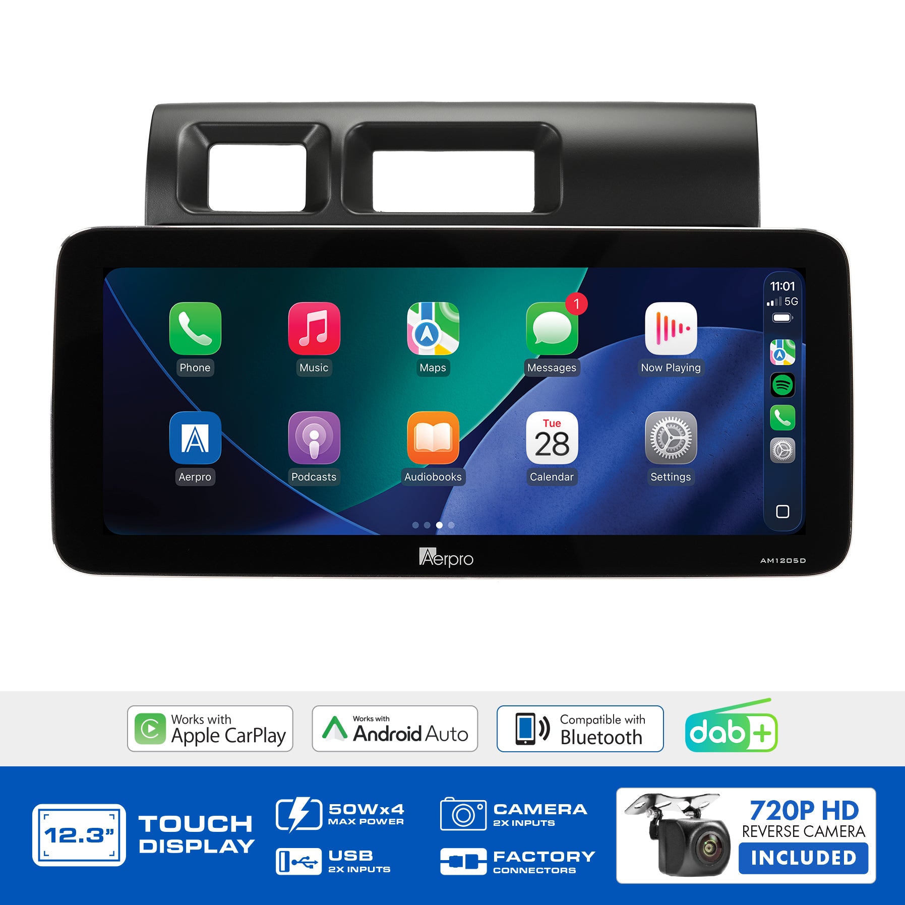 Aerpro AMTCTO35 feature graphic listing wireless CarPlay, Android Auto, DAB+ and the included camera