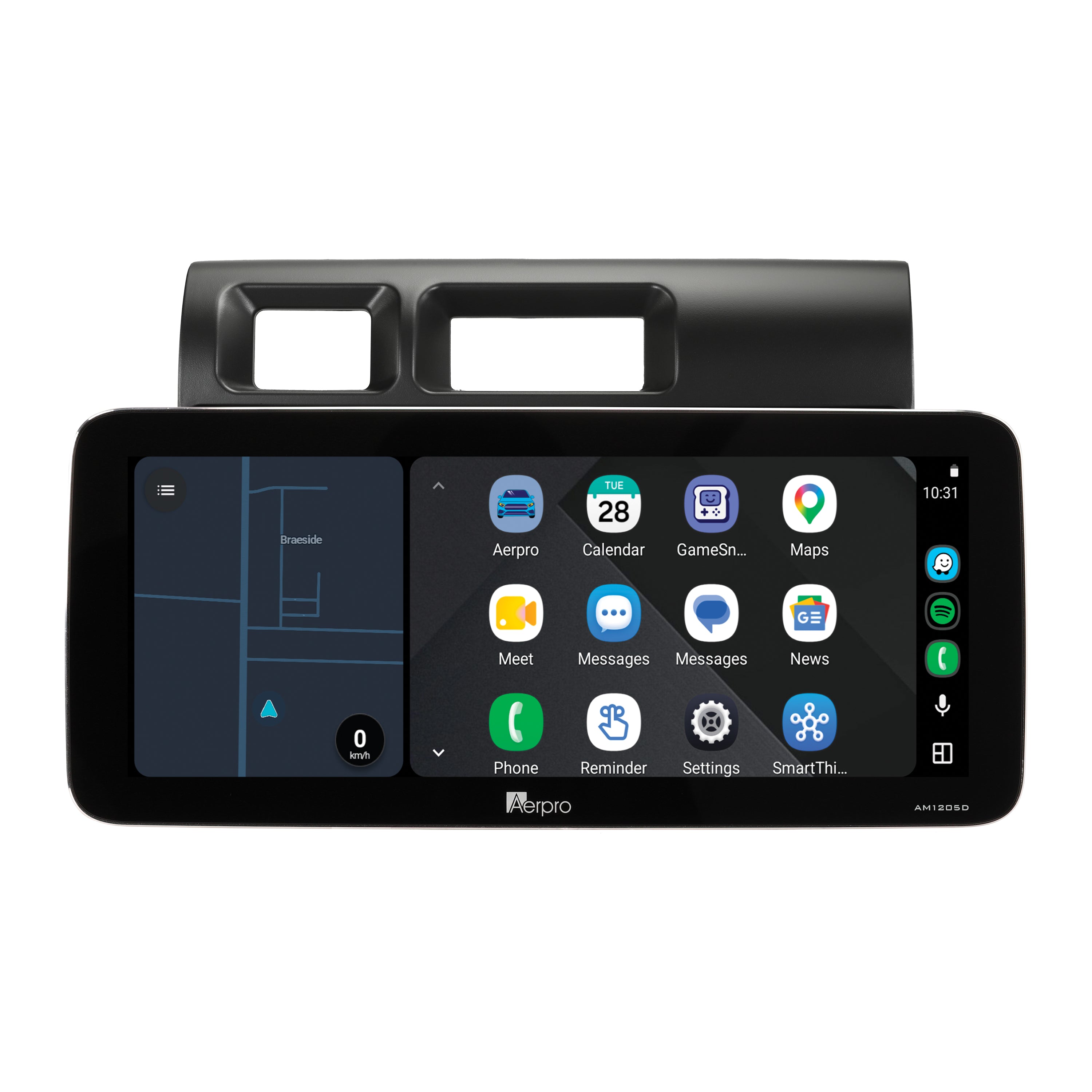 Aerpro AMTCTO35 12.3 inch screen running Android Auto split screen with a map