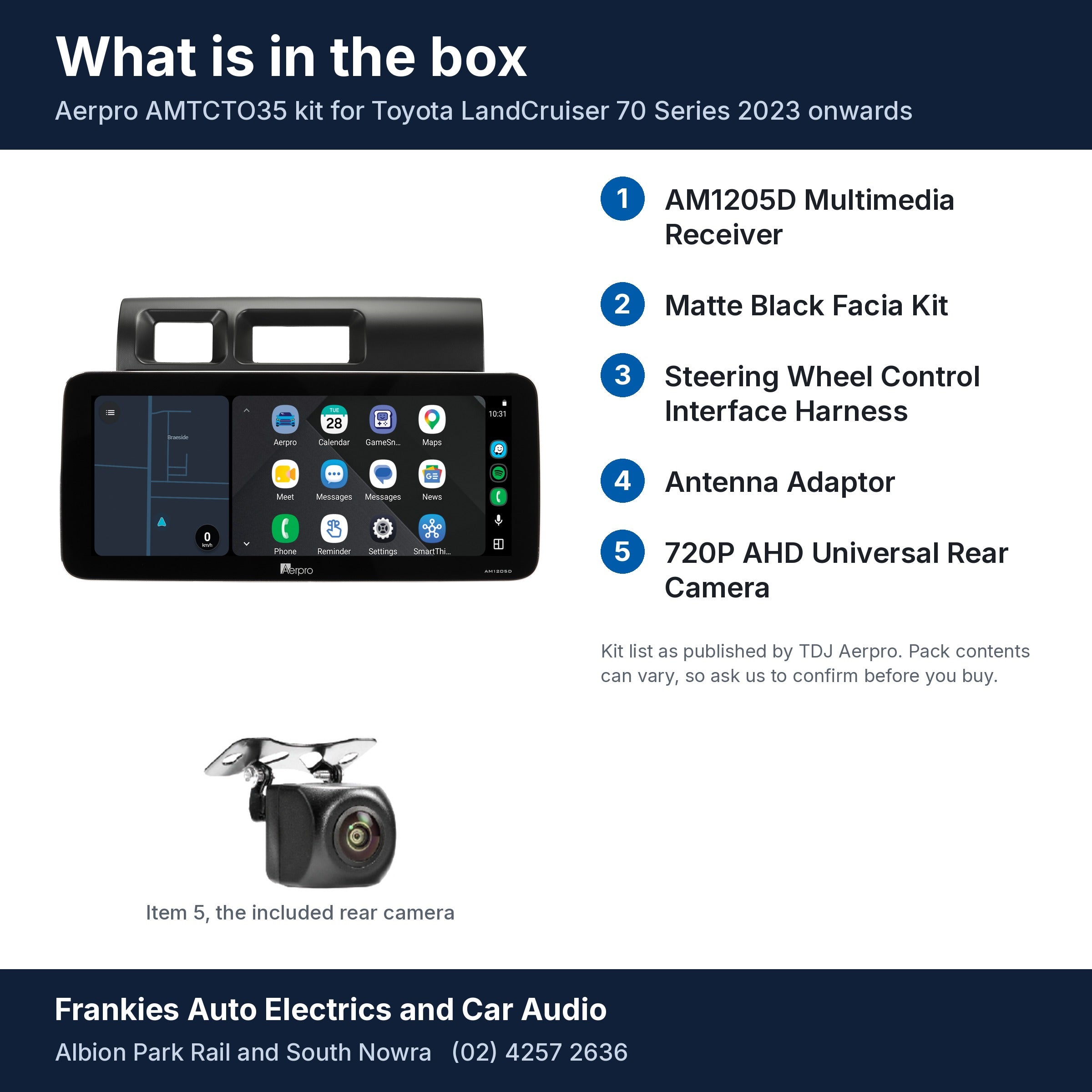 What is in the box for the Aerpro AMTCTO35 kit for Toyota LandCruiser 70 Series 2023 onwards: the AM1205D head unit in its facia, the rear camera and the 5 kit items