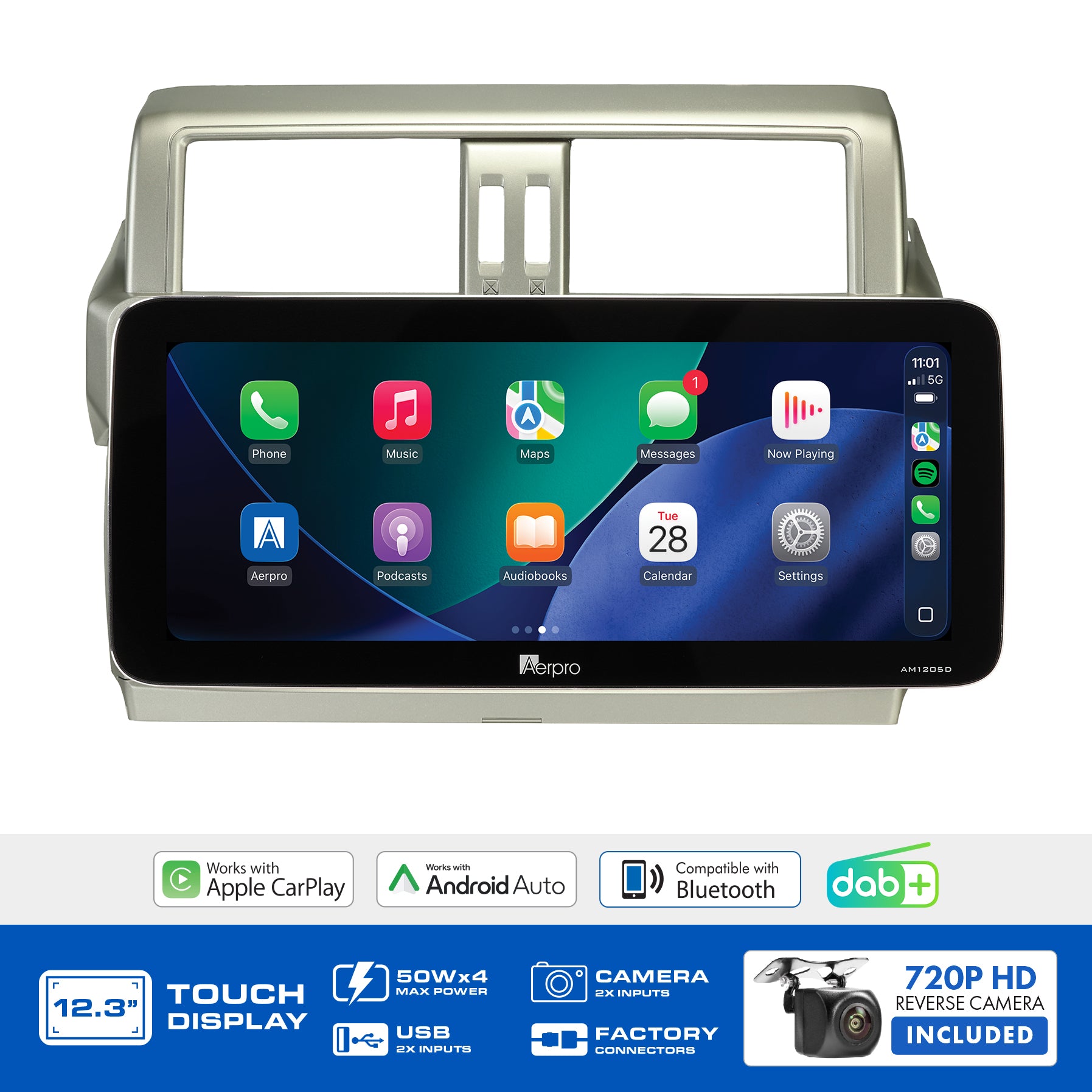 Aerpro AMTCTO36 feature graphic listing wireless CarPlay, Android Auto, DAB+ and the included camera