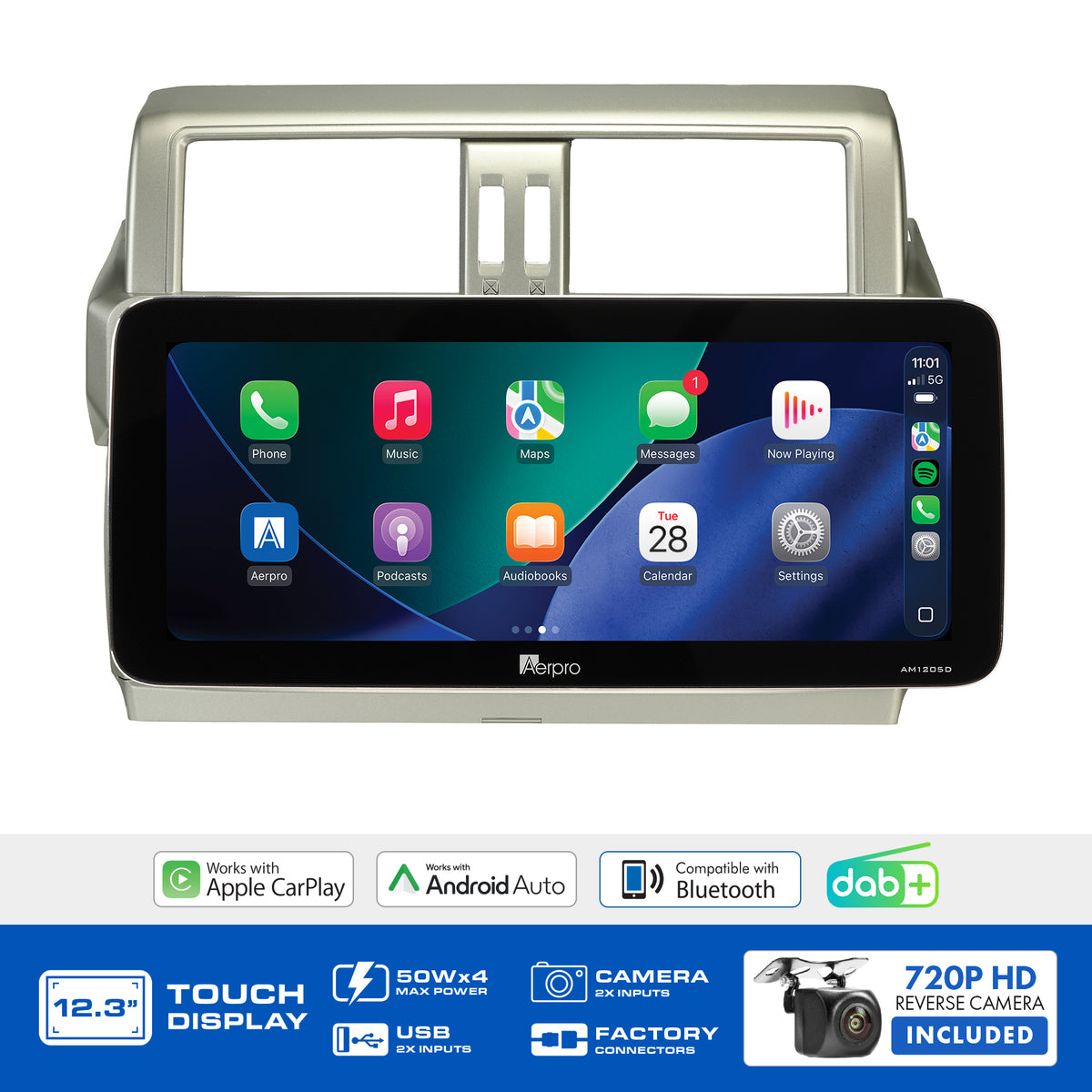 Aerpro AMTCTO36 feature graphic listing wireless CarPlay, Android Auto, DAB+ and the included camera
