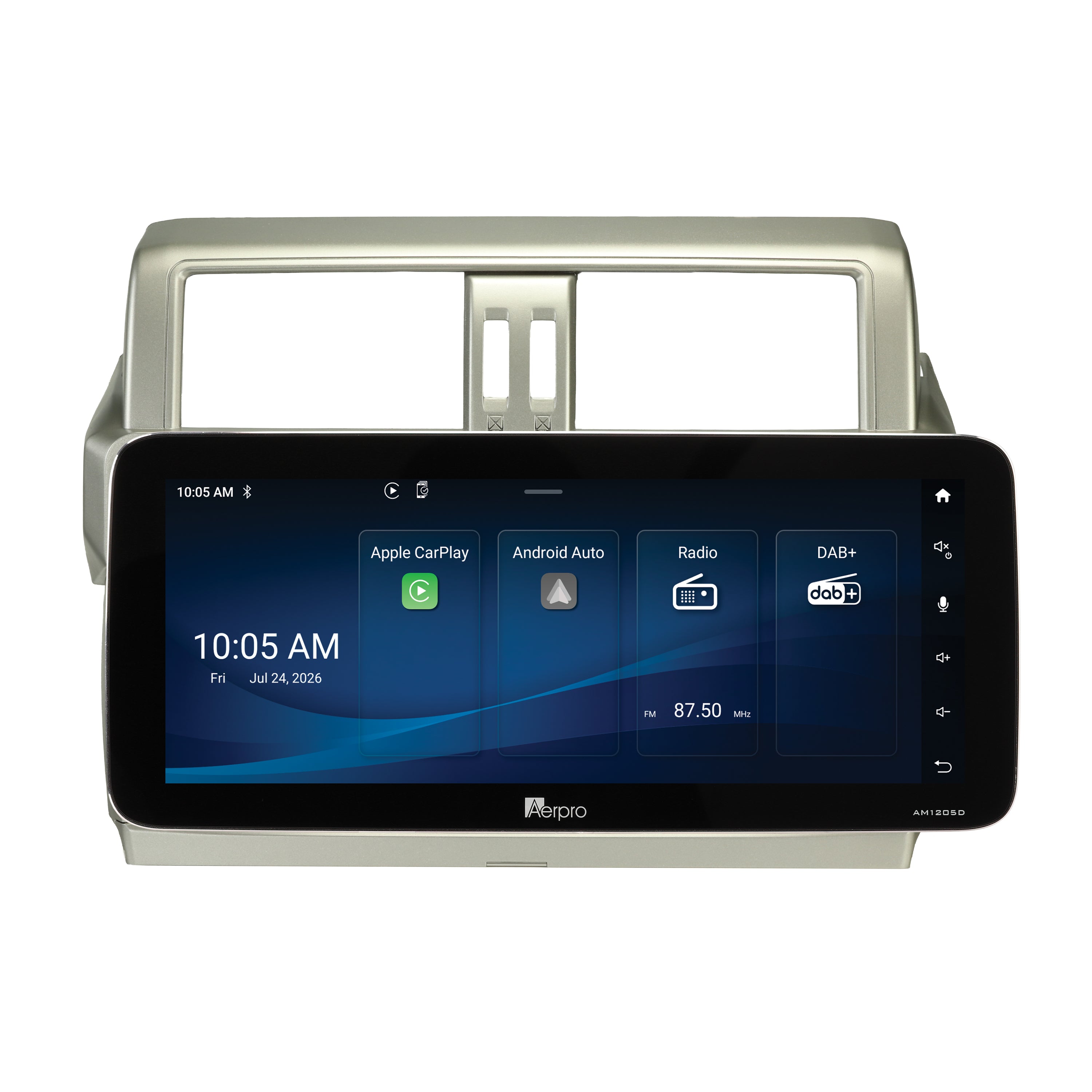 Aerpro AMTCTO36 12.3 inch head unit showing the Aerpro home screen