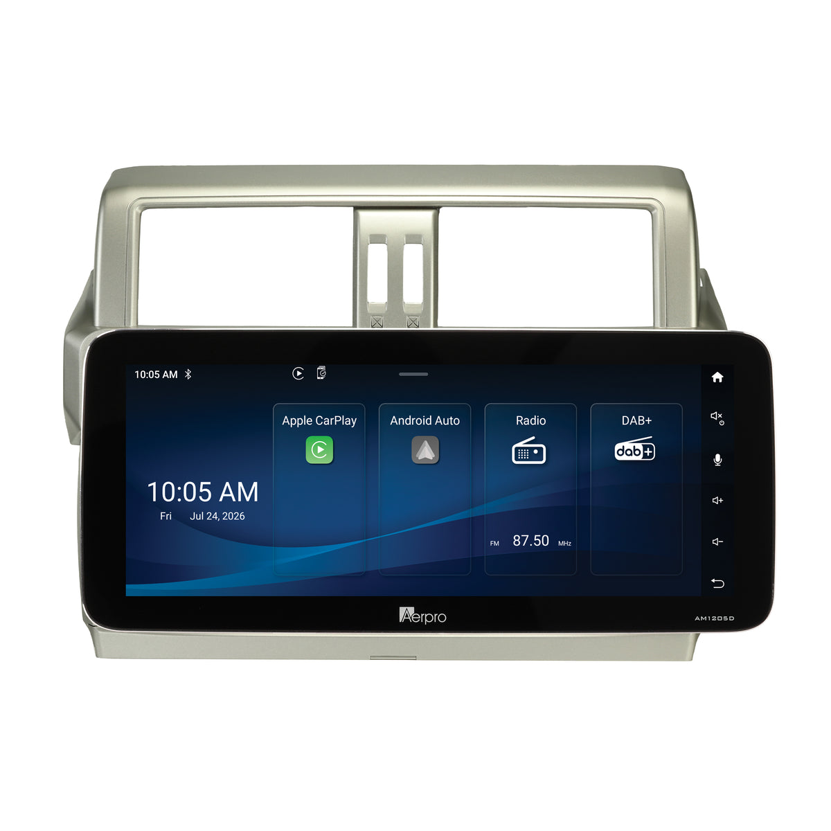 Aerpro AMTCTO36 12.3 inch head unit showing the Aerpro home screen
