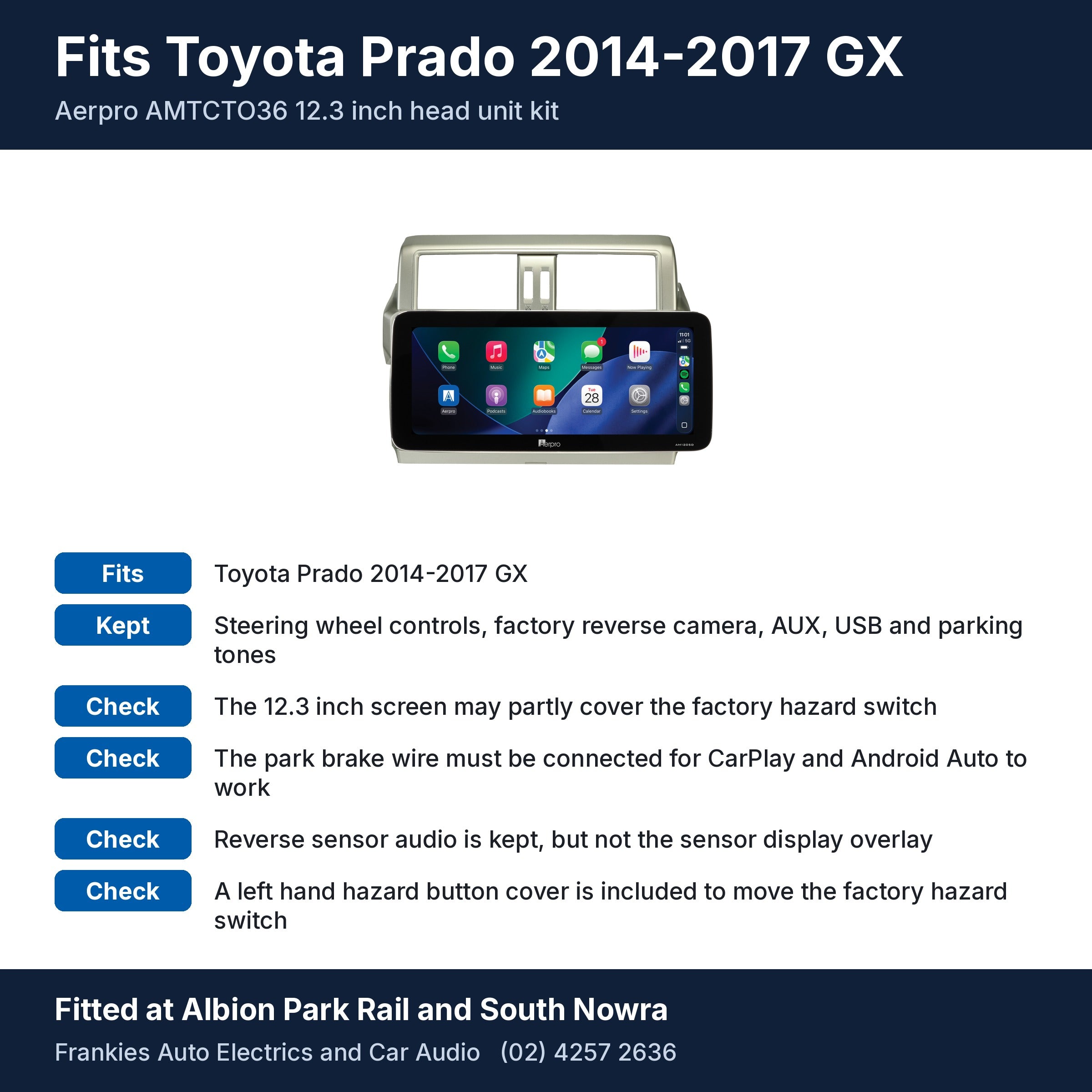 Aerpro AMTCTO36 12.3 inch head unit in its silver facia for Toyota Prado 2014-2017 GX, with fit and feature notes, fitted at Albion Park Rail and South Nowra