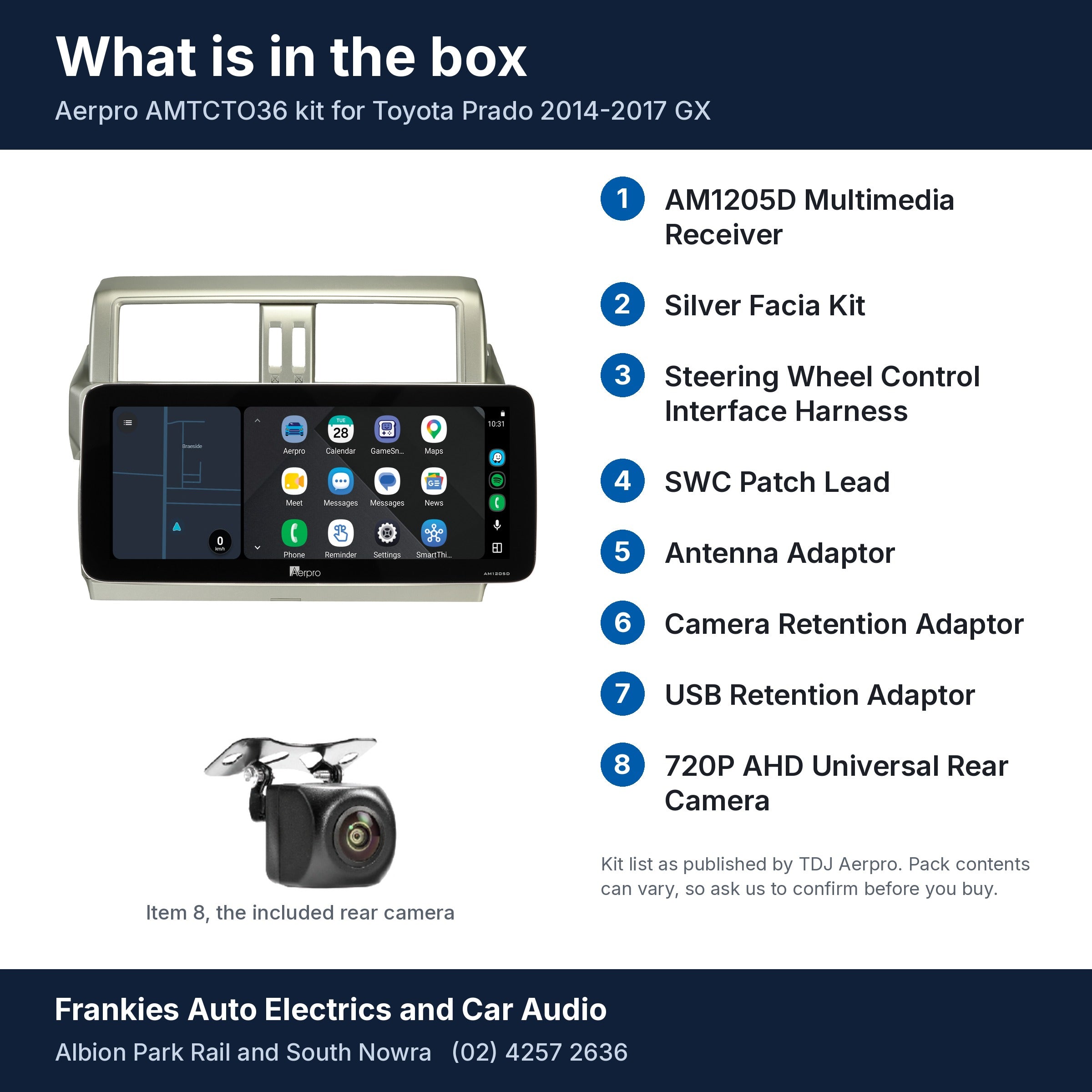 What is in the box for the Aerpro AMTCTO36 kit for Toyota Prado 2014-2017 GX: the AM1205D 12.3 inch head unit in its silver facia, the rear camera and a list of the 8 kit items