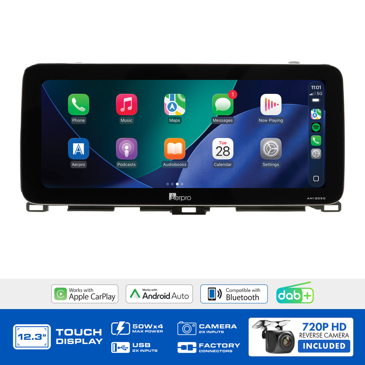 Aerpro AMTCTO37 feature graphic listing wireless CarPlay, Android Auto, DAB+ and the included camera