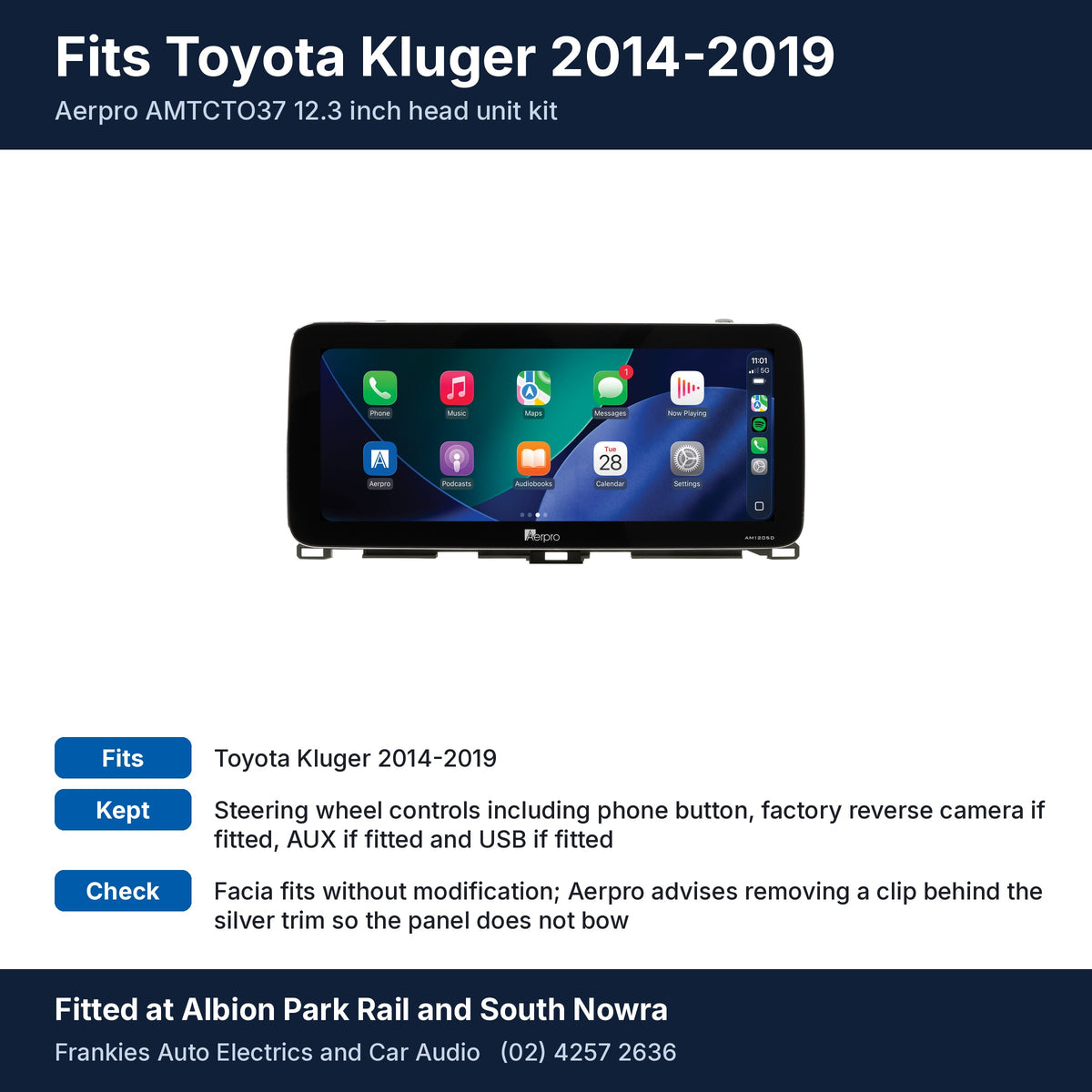 Aerpro AMTCTO37 12.3 inch head unit in its matte black facia for Toyota Kluger 2014-2019, with fit and feature notes, fitted at Albion Park Rail and South Nowra