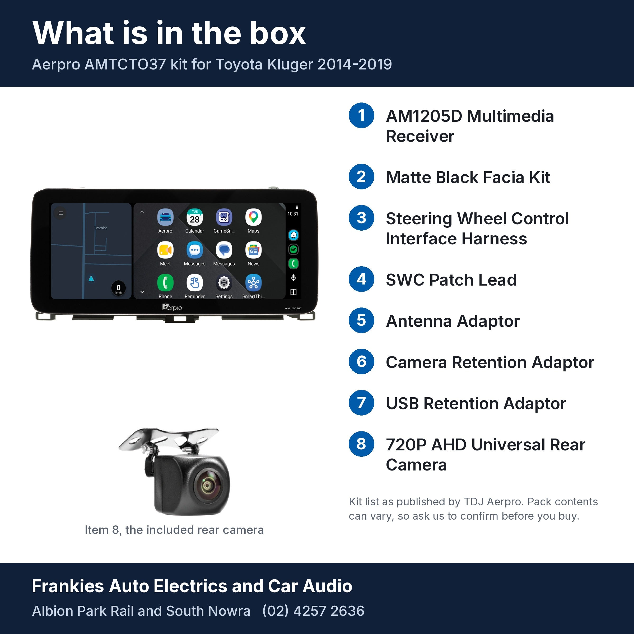 What is in the box for the Aerpro AMTCTO37 kit for Toyota Kluger 2014-2019: the AM1205D 12.3 inch head unit in its matte black facia, the rear camera and a list of the 8 kit items
