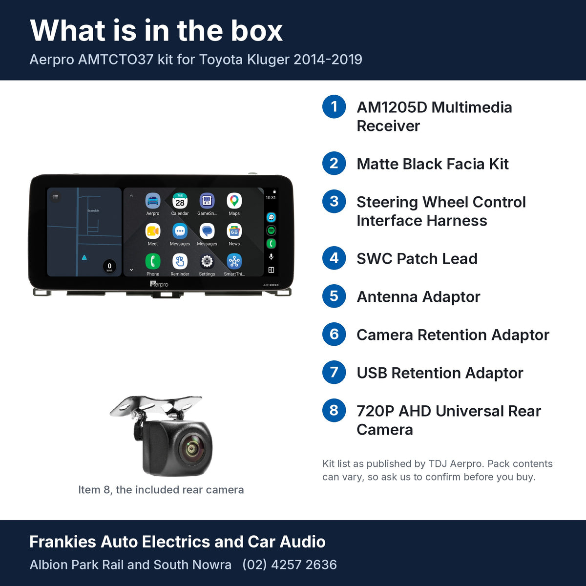 What is in the box for the Aerpro AMTCTO37 kit for Toyota Kluger 2014-2019: the AM1205D 12.3 inch head unit in its matte black facia, the rear camera and a list of the 8 kit items
